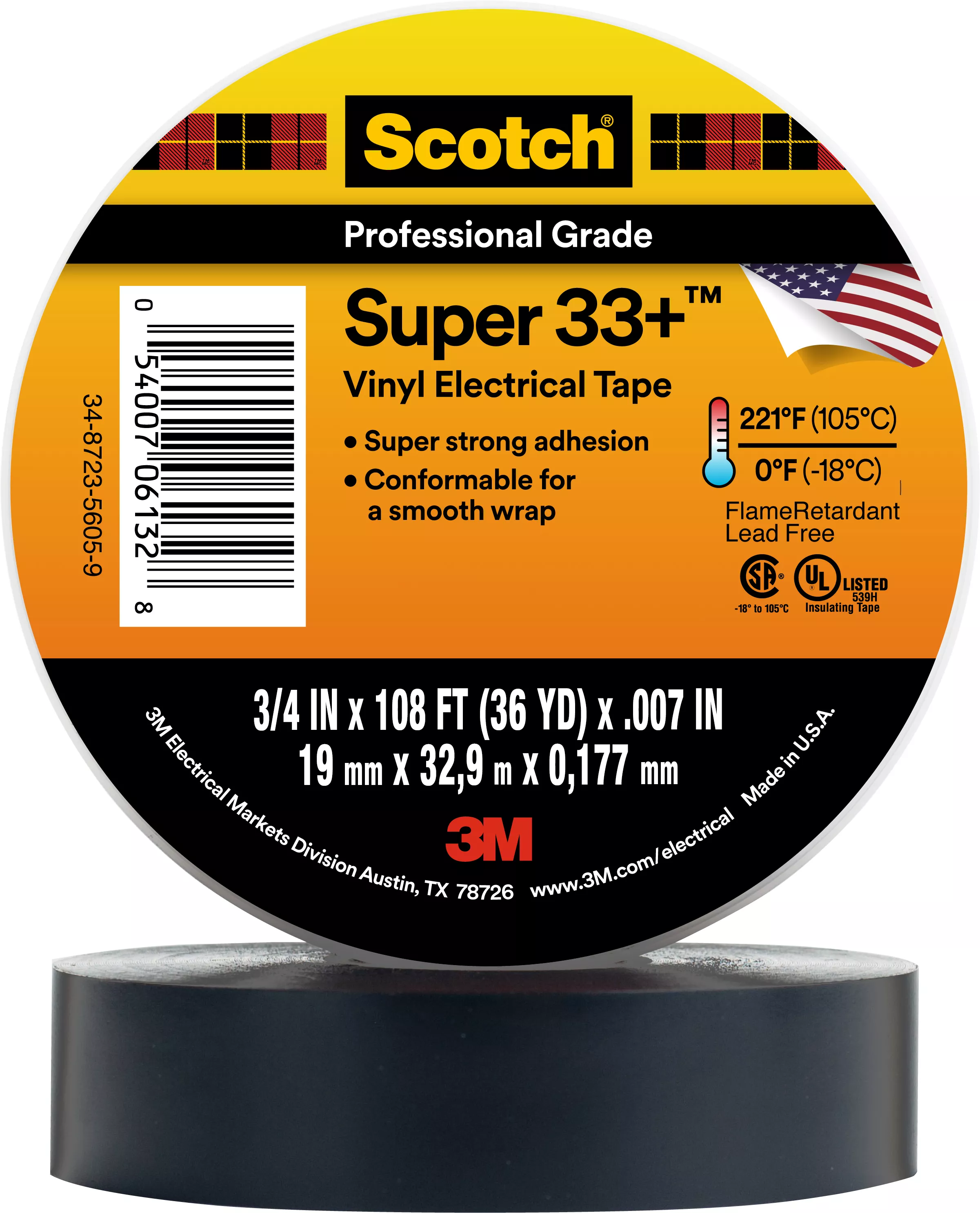 Scotch® Super 33+ Vinyl Electrical Tape, 3/4 in x 36 yd, Black, 48 rolls/Case