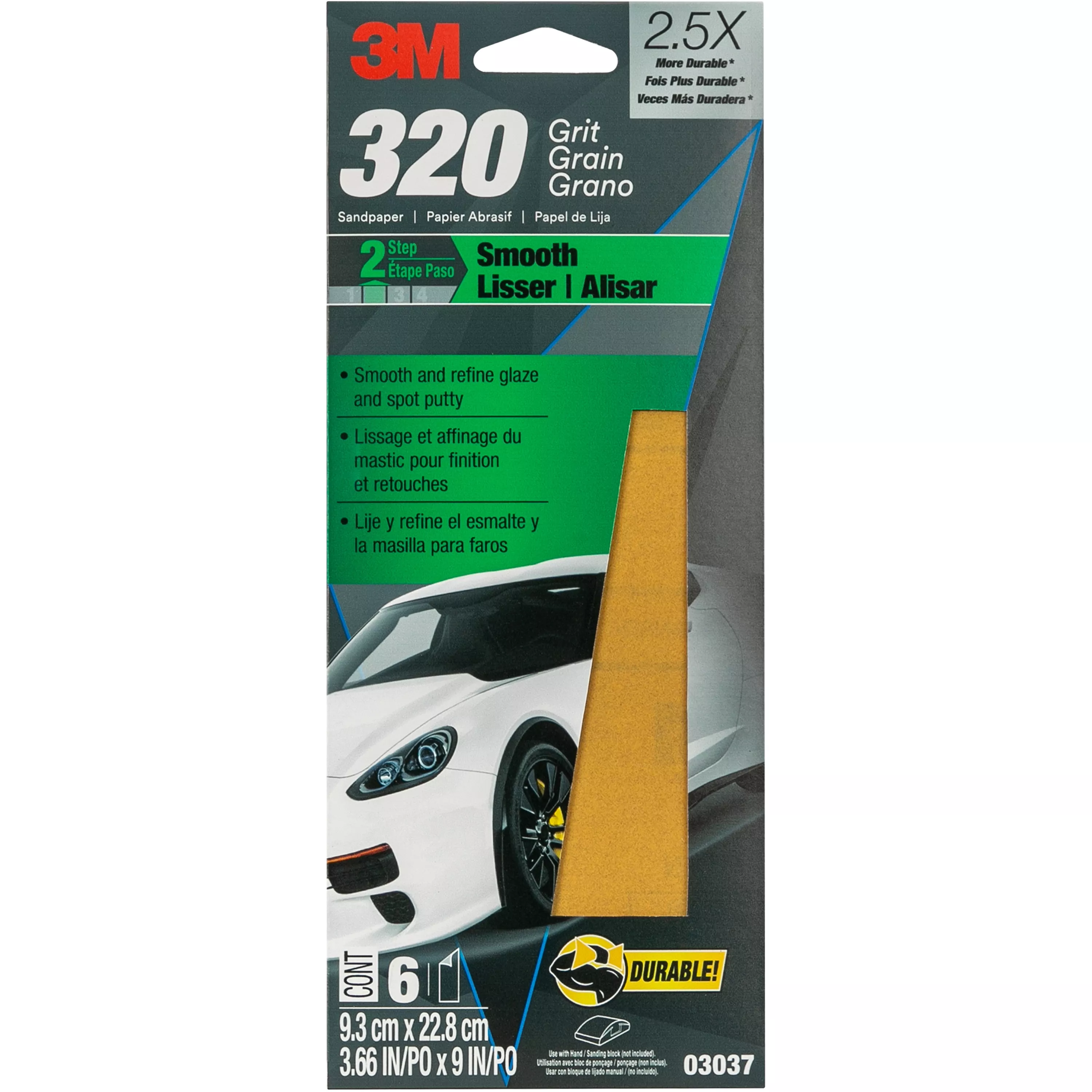 3M™ Sandpaper 03037, 320 Grit, 3-2/3 in x 9 in, 6/Pack, 20 Pack/Case