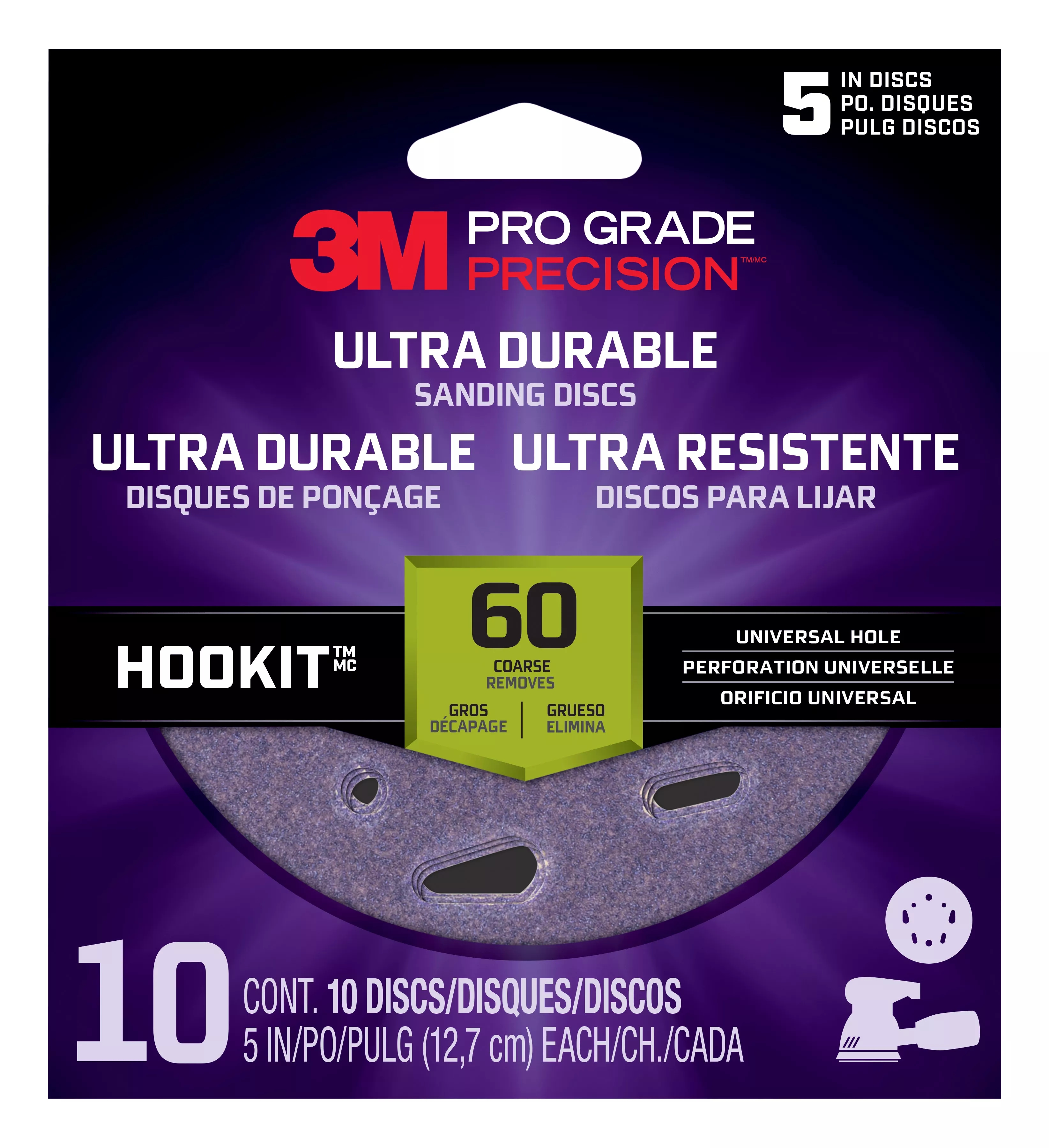 3M™ Pro Grade Precision™ Ultra Durable Universal Hole Sanding Disc DUH560TRI-10I, 5 inch UH, 60, 10/pack