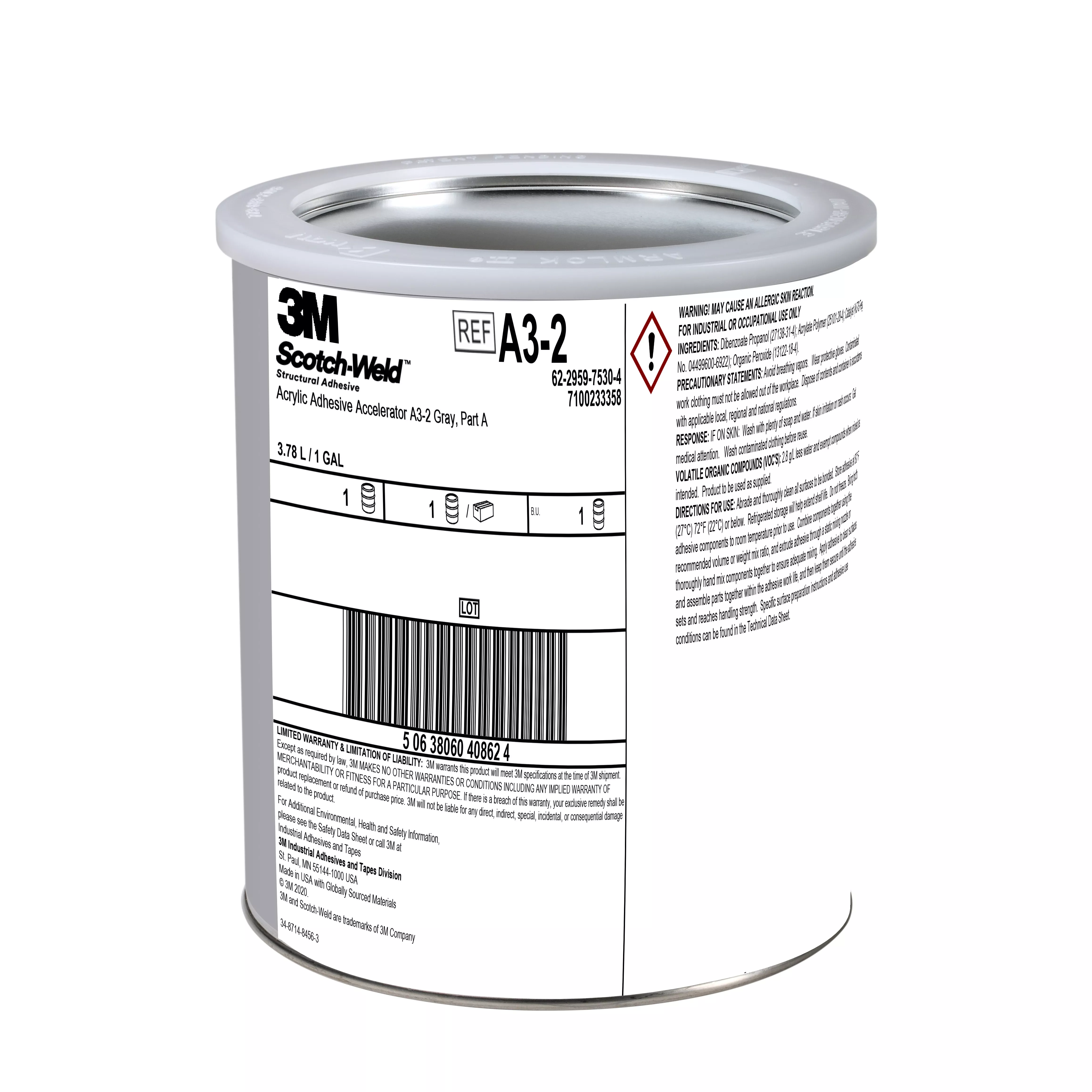 3M™ Scotch-Weld™ Acrylic Adhesive Accelerator A3-2, Gray, Part A, 1 Gallon, 1 Can/Case