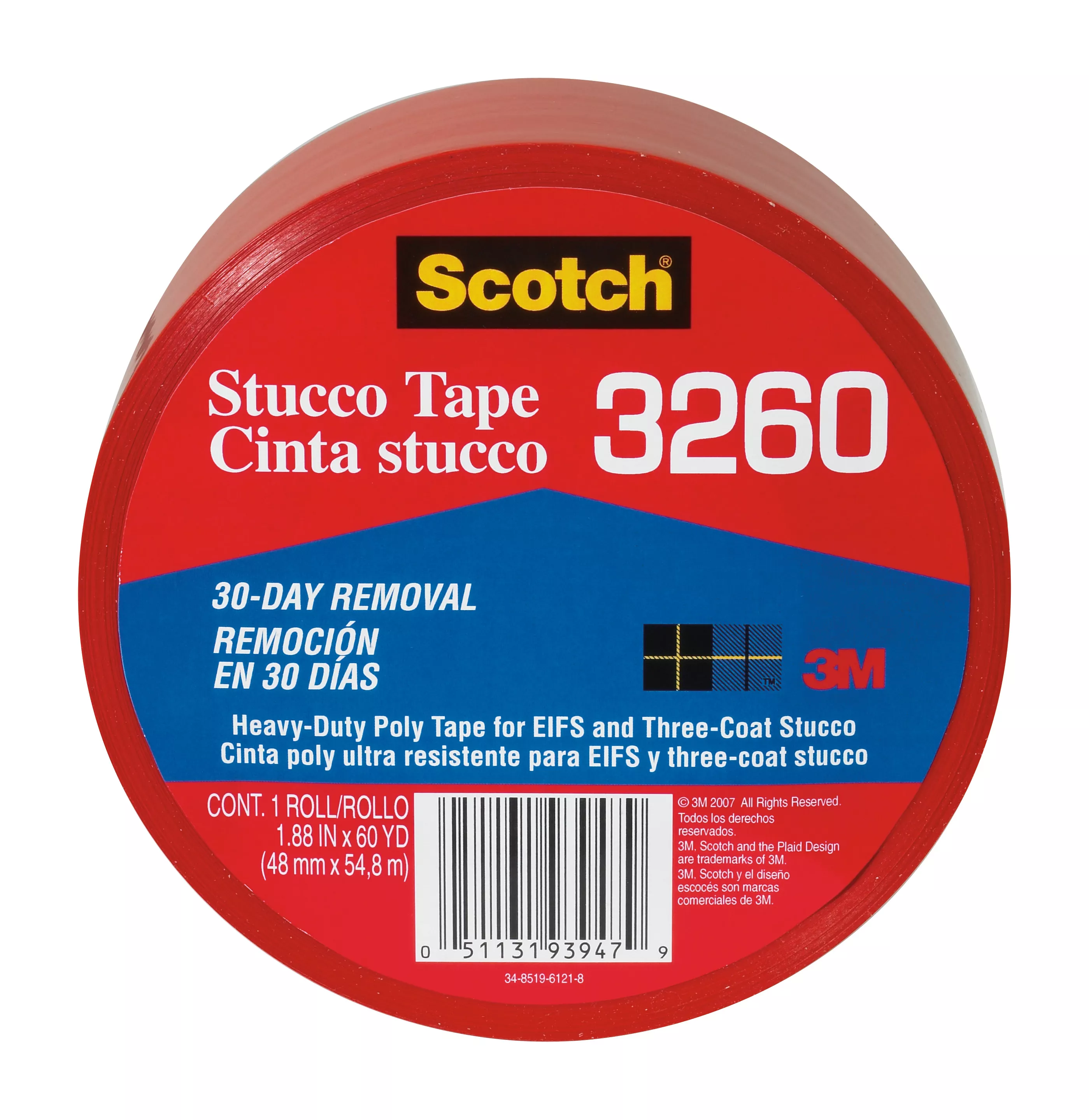 Scotch® Stucco Tape 3260-A, 1.88 in x 60 yd (48 mm x 54.8 m) Stucco Tape
12 rls/cs