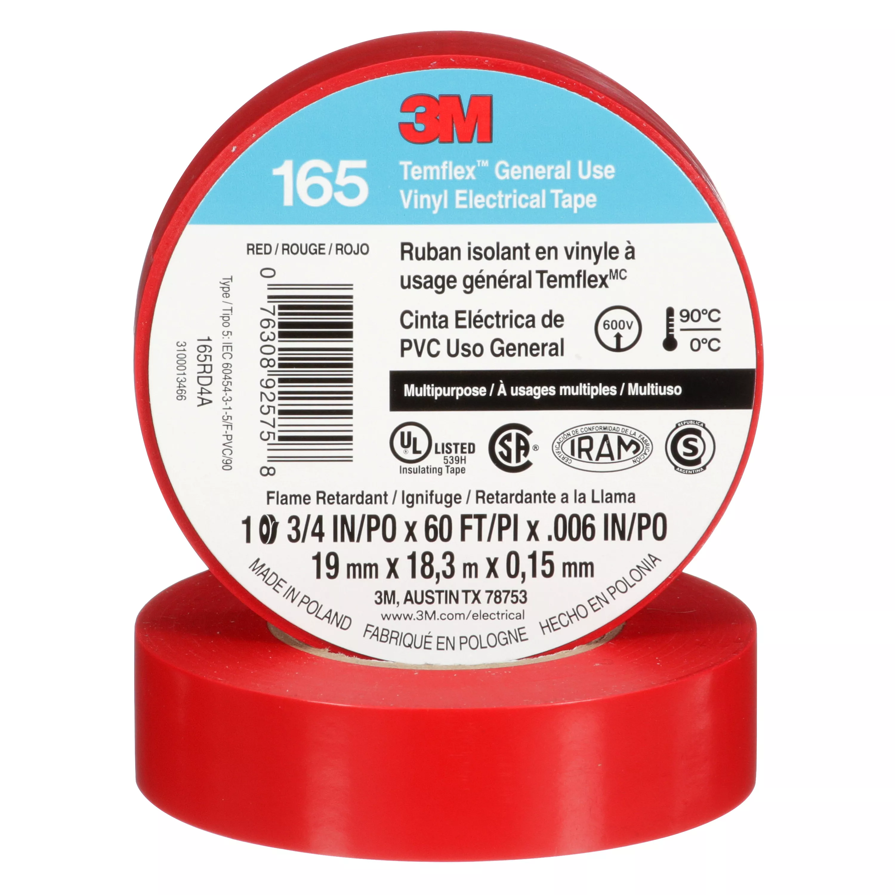 3M™ Temflex™ Vinyl Electrical Tape 165, Red, 3/4 in x 60 ft (19 mm x 18 m), 6 mil, 100 Rolls/Case