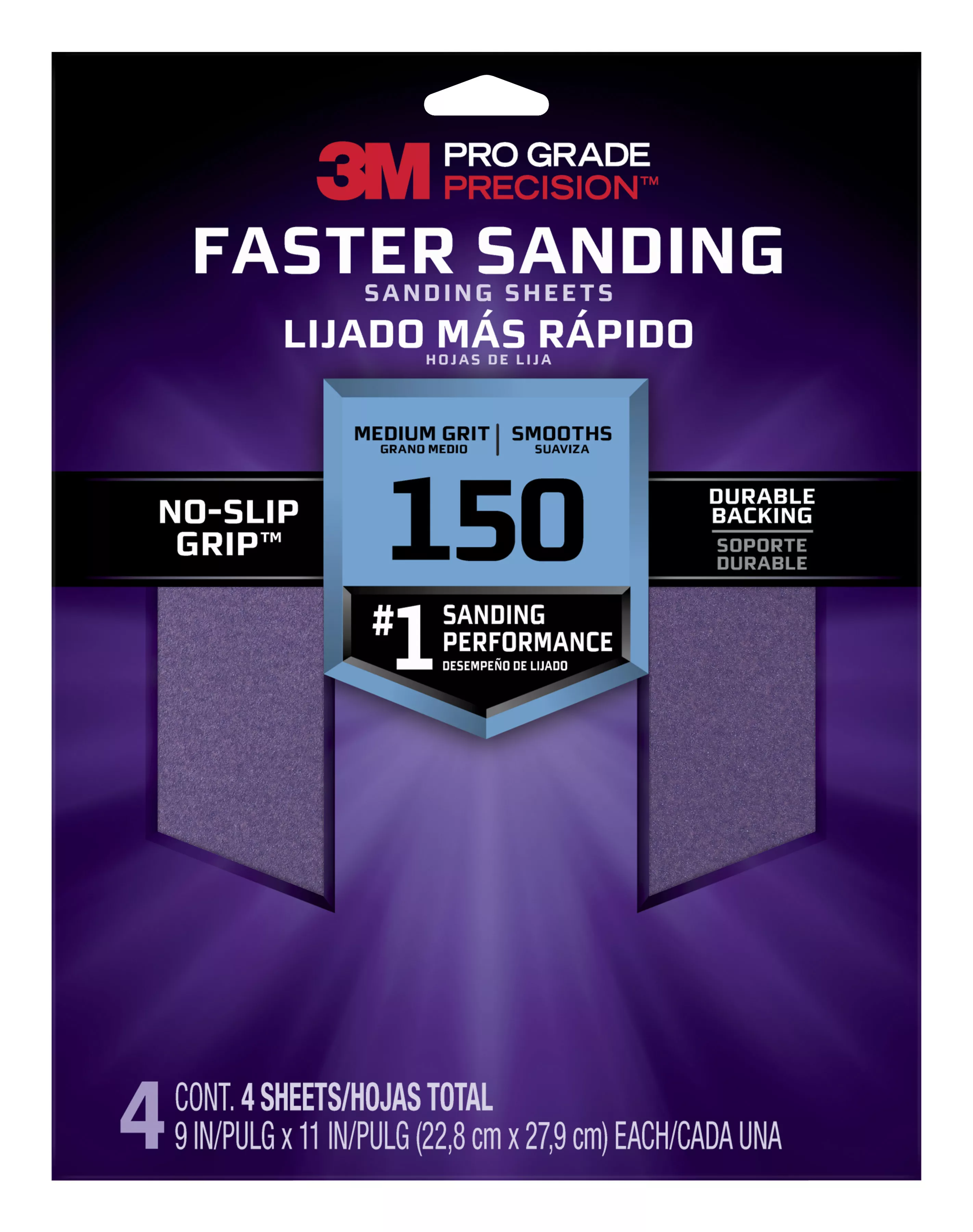 3M™ Pro Grade Precision™ Faster Sanding Sheets w/ NO-SLIP GRIP™ Backing SHR180-PGP-4T, 9 in x 11 in, 180 Gr, 4 Shts/pk
