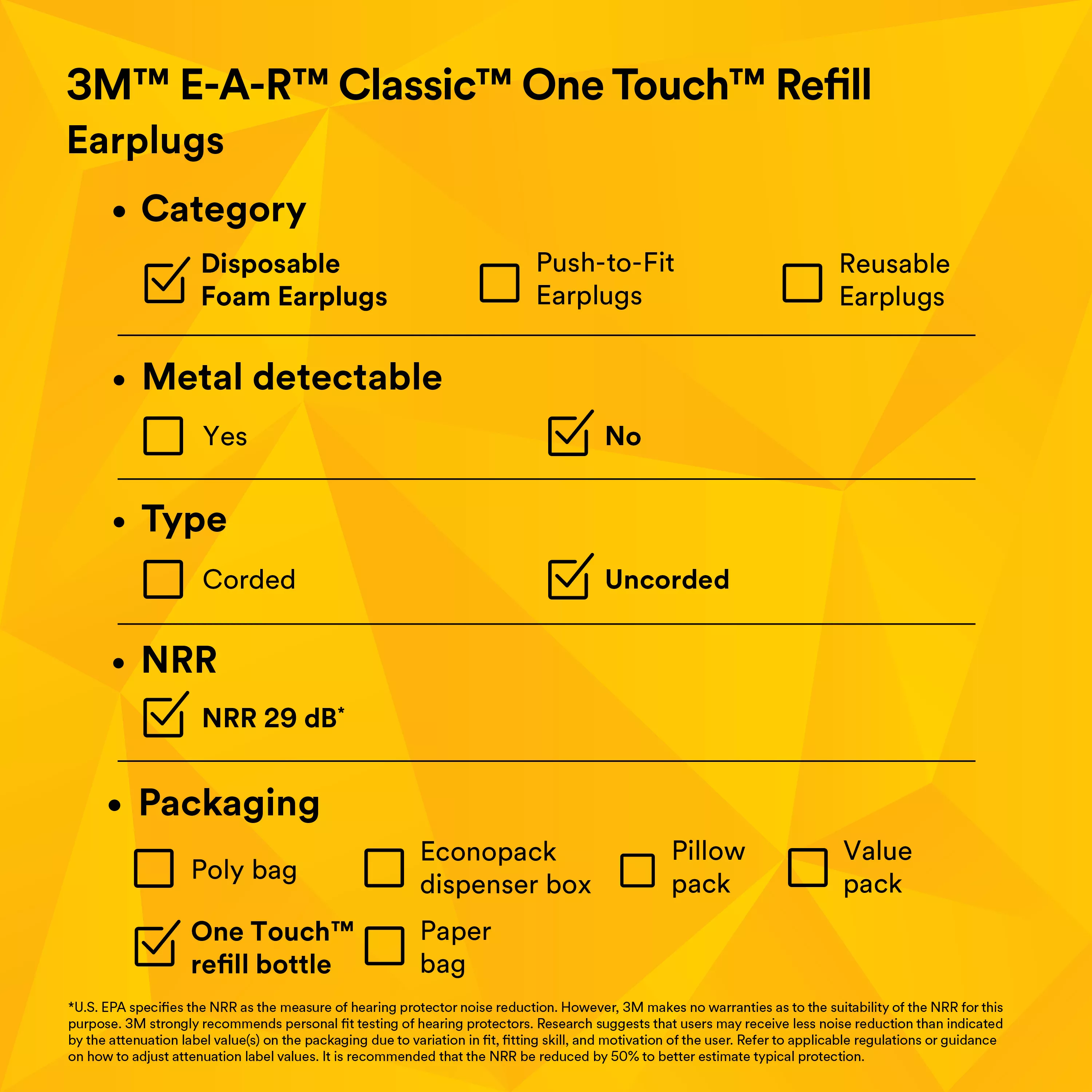 SKU 7000002298 | 3M™ E-A-R™ Classic™ One Touch™ Refill 391-1001