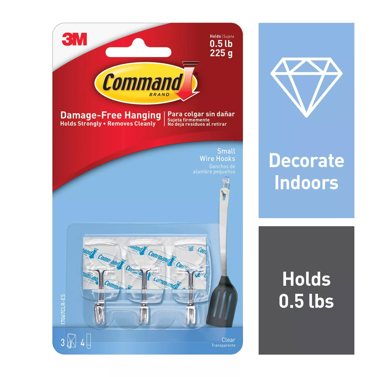 Command™ Small Clear Wire Hooks with Clear Strips 17067CLR-ES, 3 Small Wire Hooks, 4 Clear Strips