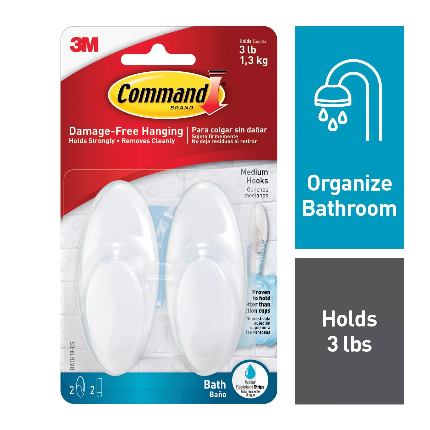 Command™ Medium Bath Hooks with Water-Resistant Strips BATH18-ES