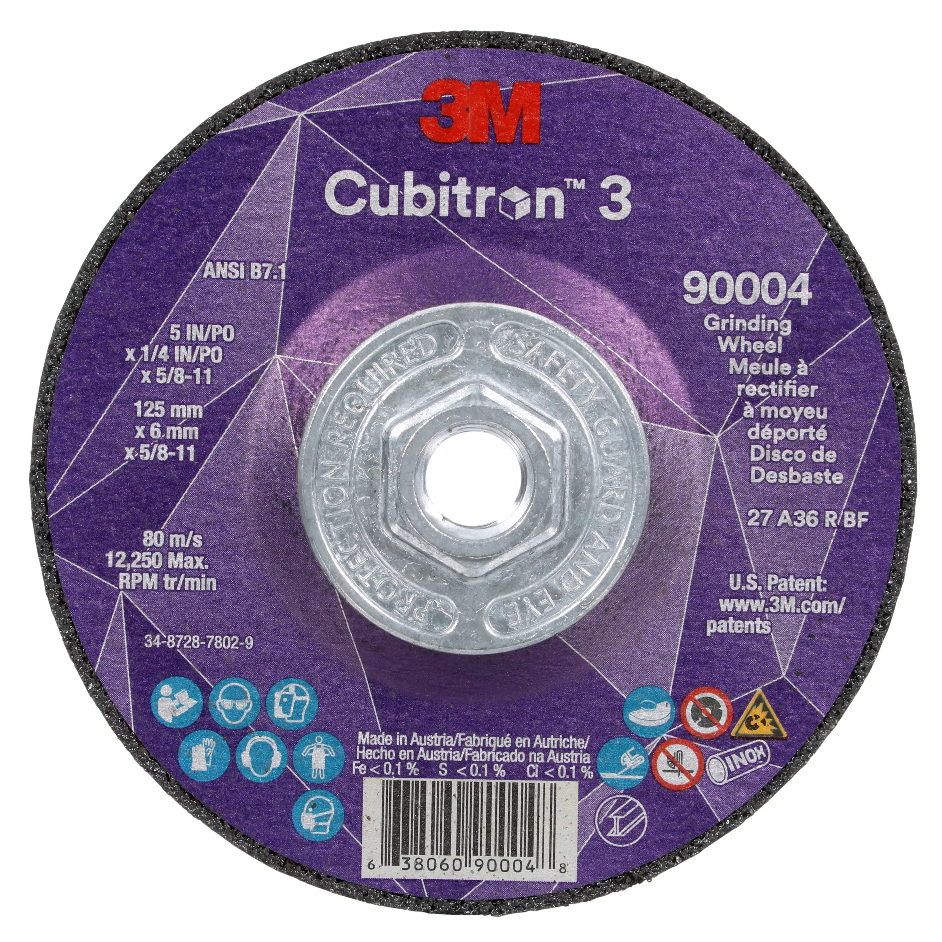 3M™ Cubitron™ 3 Depressed Center Grinding Wheel, 90004, 36+, T27, 5 in x 1/4 in x 5/8 in-11 (125x6mmx5/8-11in), ANSI, 10 ea/Case