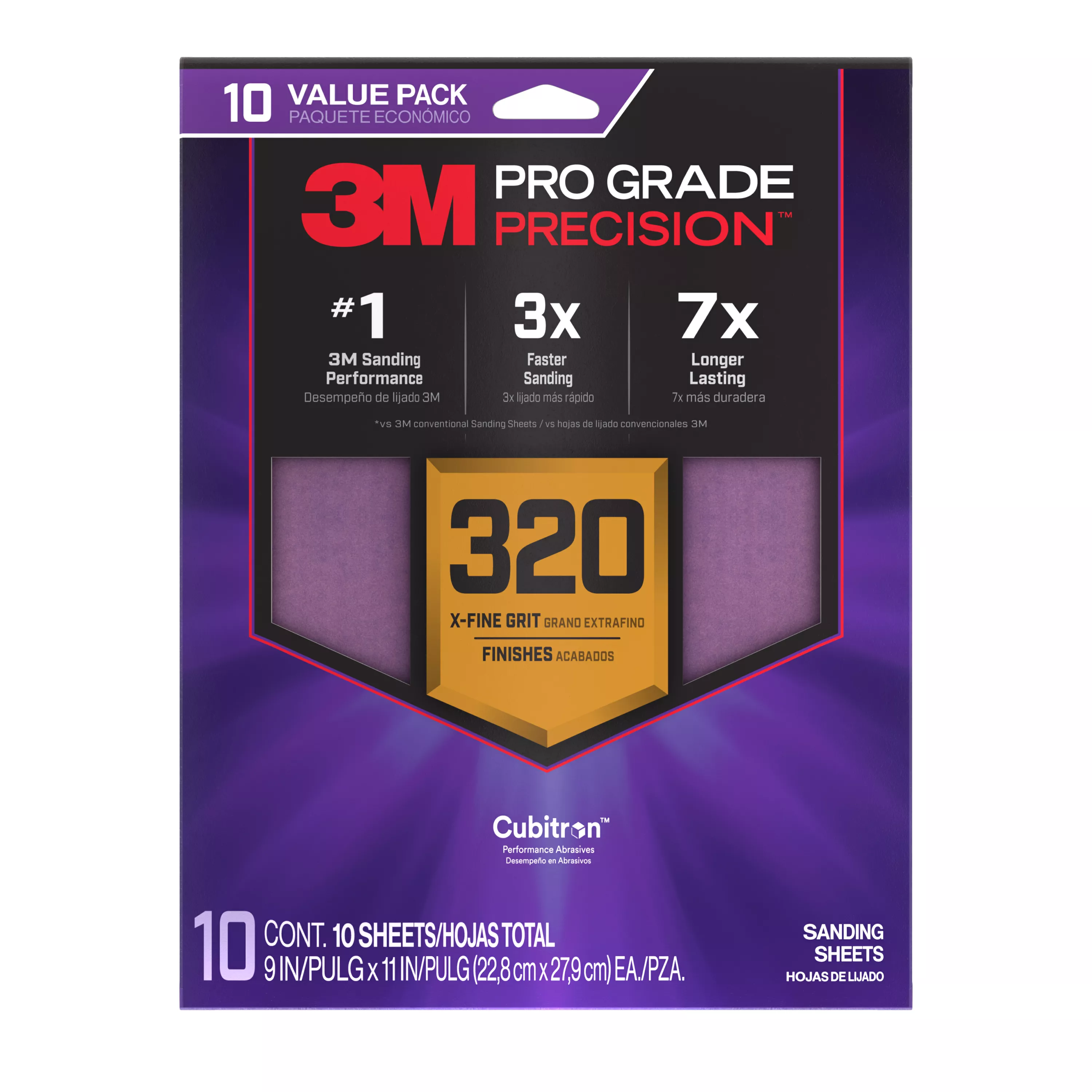 3M™ Pro Grade Precision™ Faster Sanding Sheets w/ NO-SLIP GRIP™ Backing SHR320-PGP-10T, 9 in x 11 in, 320 Gr, 10 Sht/Pk