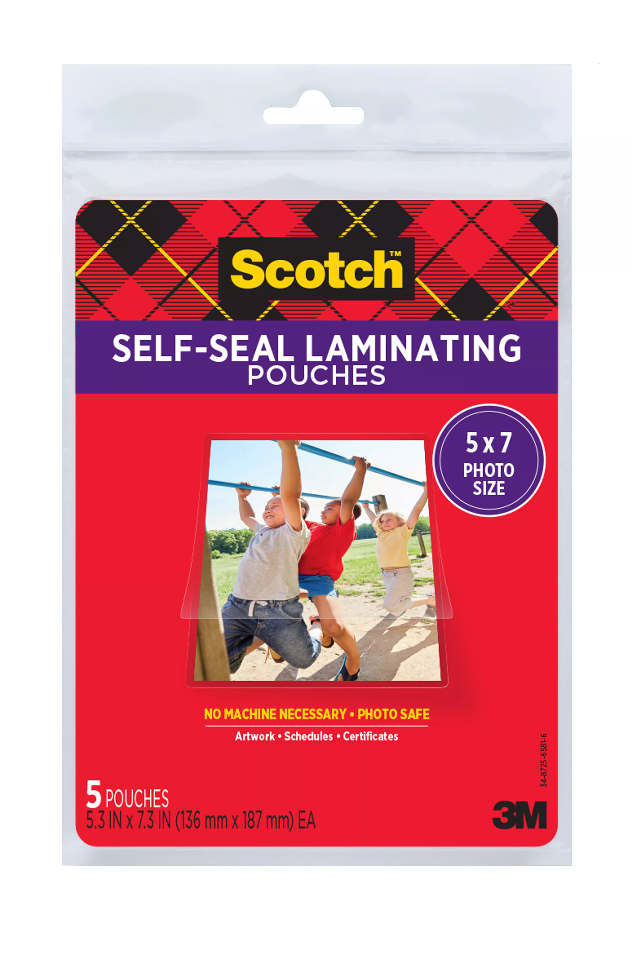 PL905-SR Scotch ™ Self-Sealing Laminating Pouches, 5.3 in x 7.3 in (136 mm x 187 mm) Gloss Finish 5 x 7