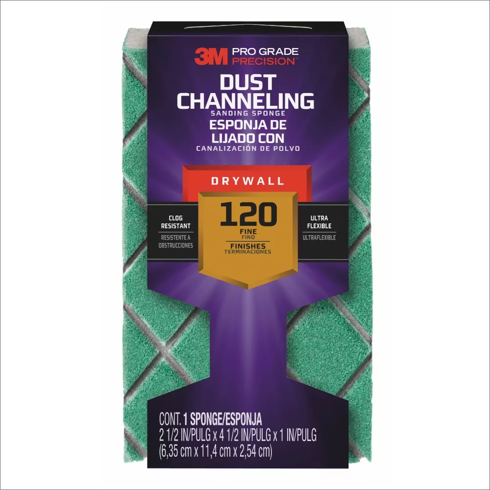 3M™ Pro Grade Precision™ Drywall Dust Channeling Sanding Sponge Fine, 30904FP-CH-DBL, 4.5 in x 2.5 in x 1 in, 12/cs (2x6)