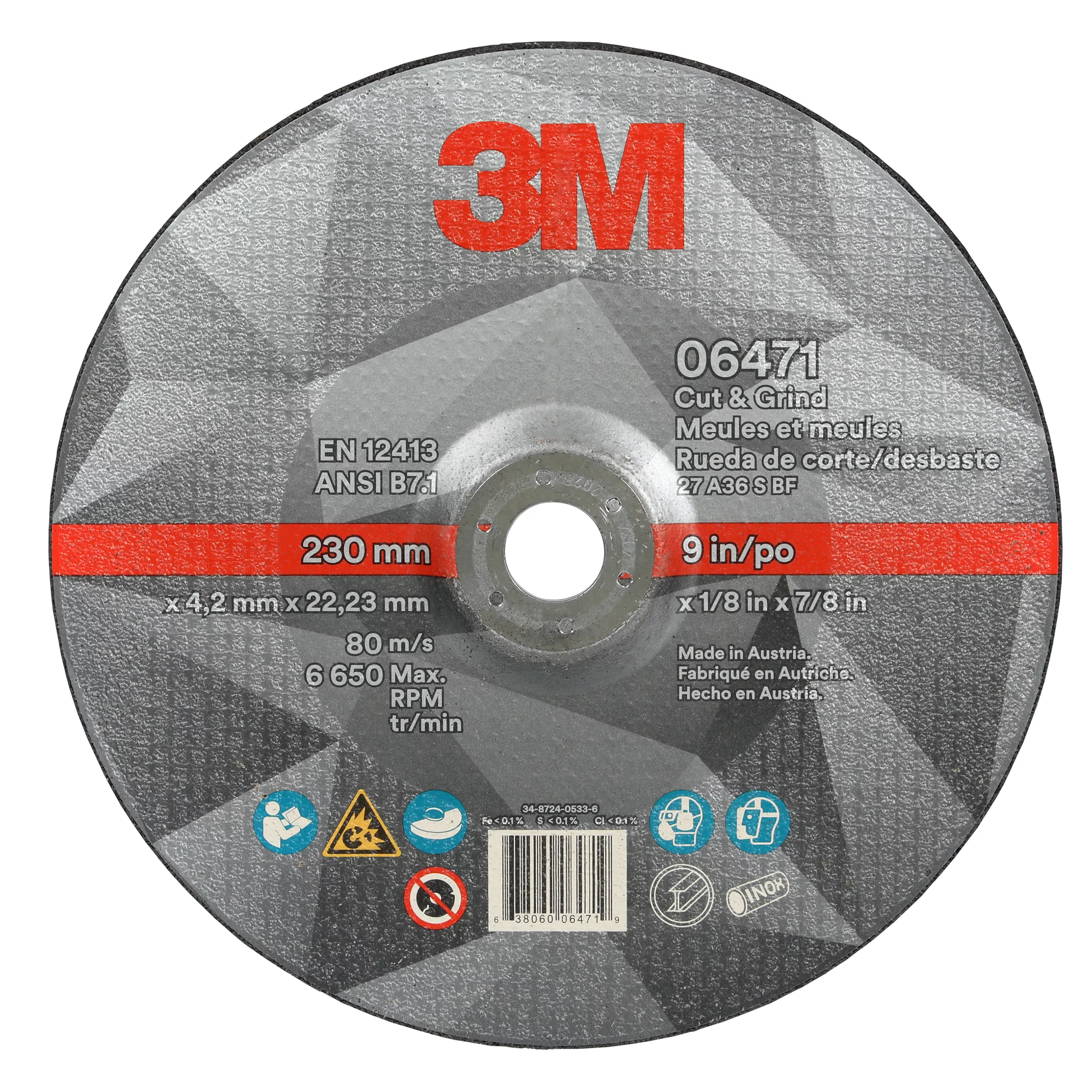 3M™ Cut & Grind Wheel, 06471, 36+, T27, 9 in x 1/8 in x 7/8 in, 10/Carton, 20 ea/Case