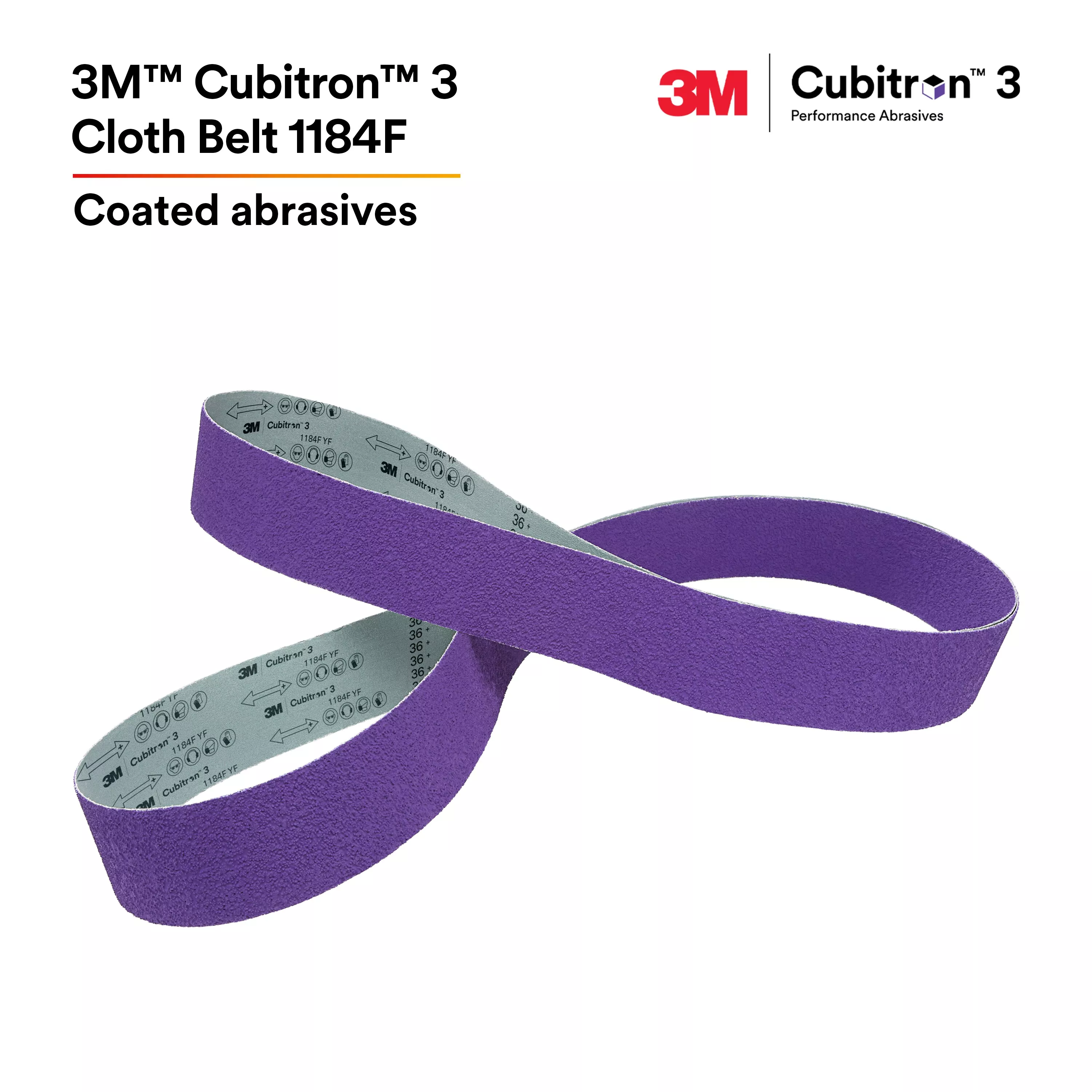 3M™ Cubitron™ 3 Cloth Belt 1184F, 36+ YF-weight, 2 in x 89-3/4 in, Film-lok, Single-flex, Knife Slit Edge, 50 ea/Case