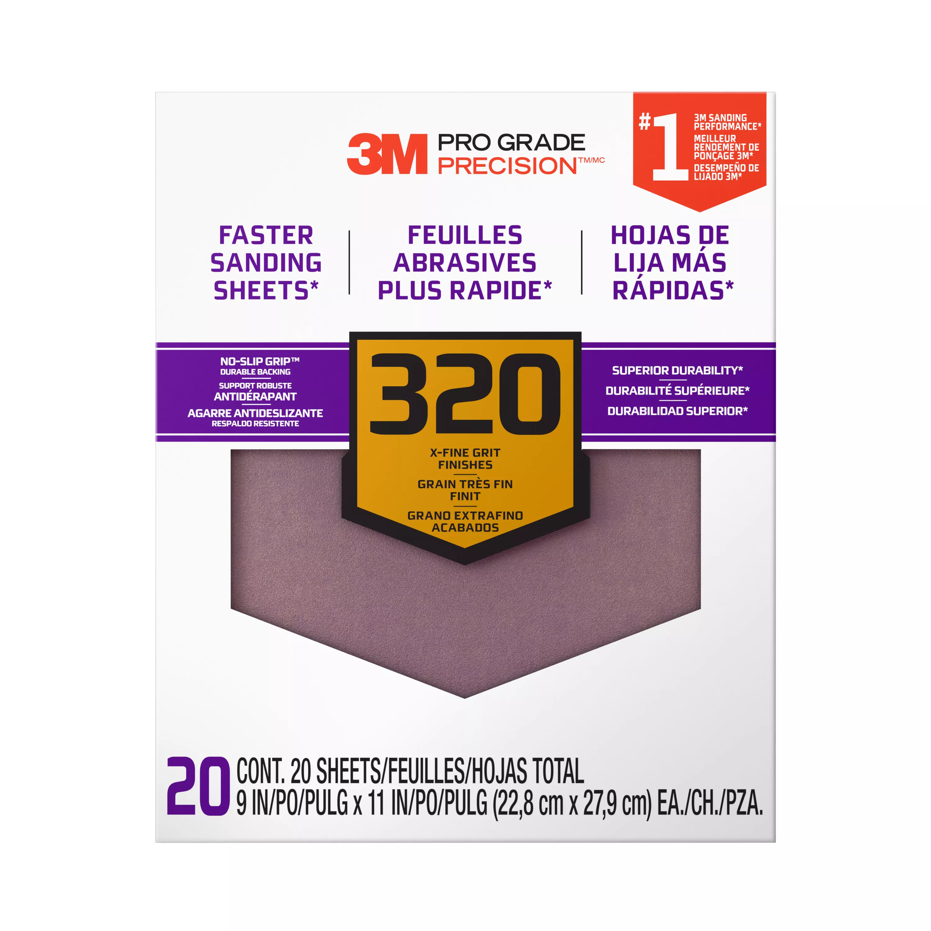 3M™ Pro Grade Precision™ Faster Sanding Sheets w/ NO-SLIP GRIP™ Backing SHCP320-PGP20T, 9 in x 11 in, 320 Gr, 20 Shts/pk
