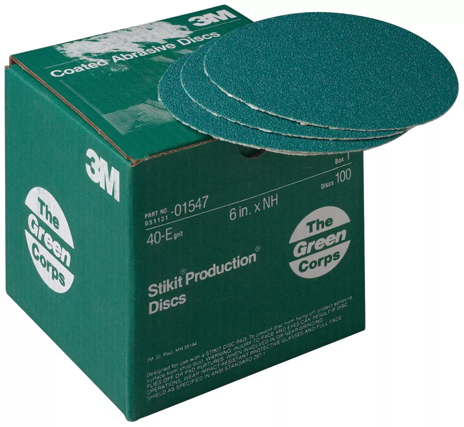 3M™ Green Corps™ Stikit™ Production™ Disc, 01547, 6 in, 40 grit, 100 discs per carton, 5 cartons per case