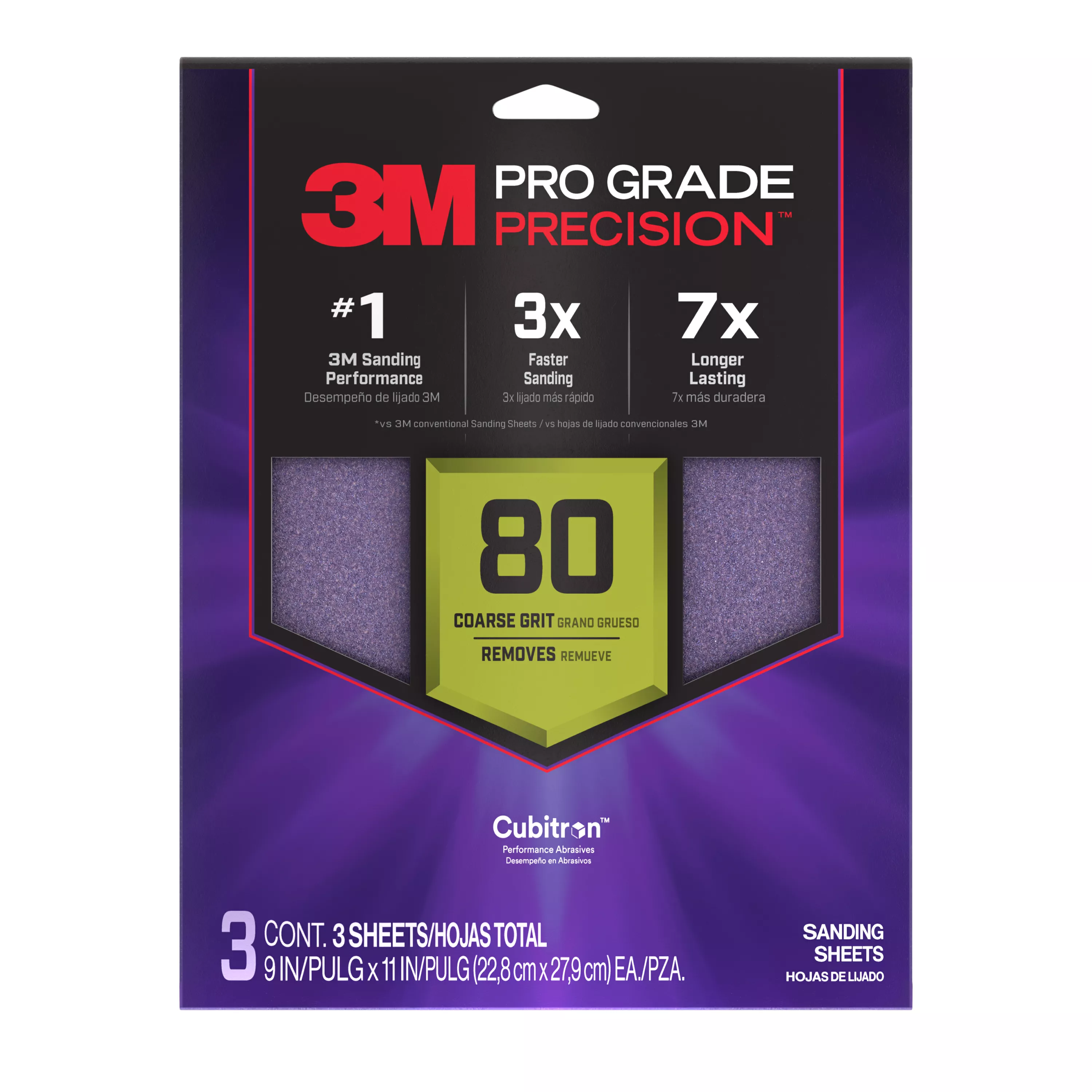 3M™ Pro Grade Precision™ Faster Sanding Sheets w/ NO-SLIP GRIP™ Backing SHR80-PGP-3T, 9 in x 11 in, 80 Gr, 3 Sht/Pk