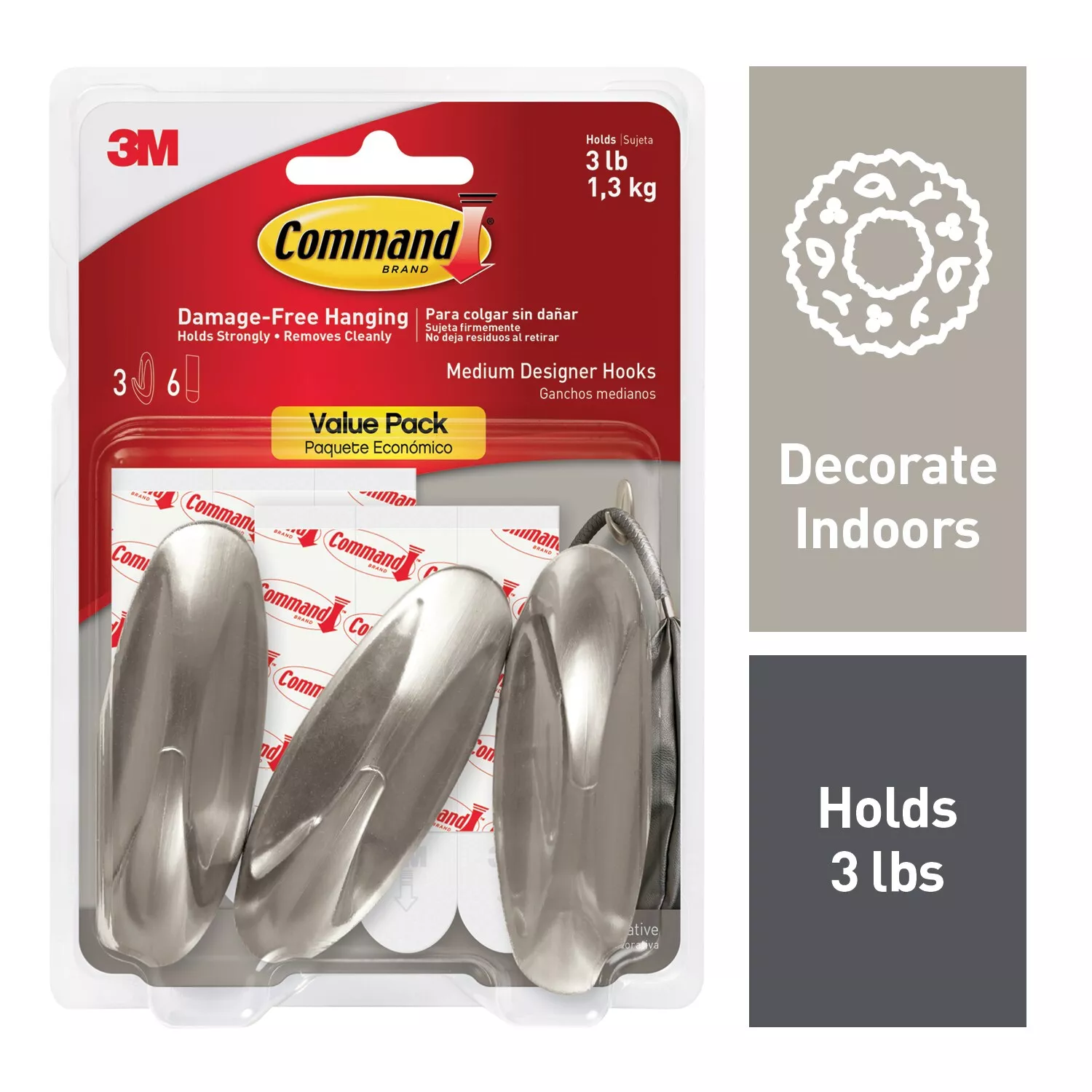 Command™ Medium Designer Hook 17081BN-3ES, Brushed Nickel