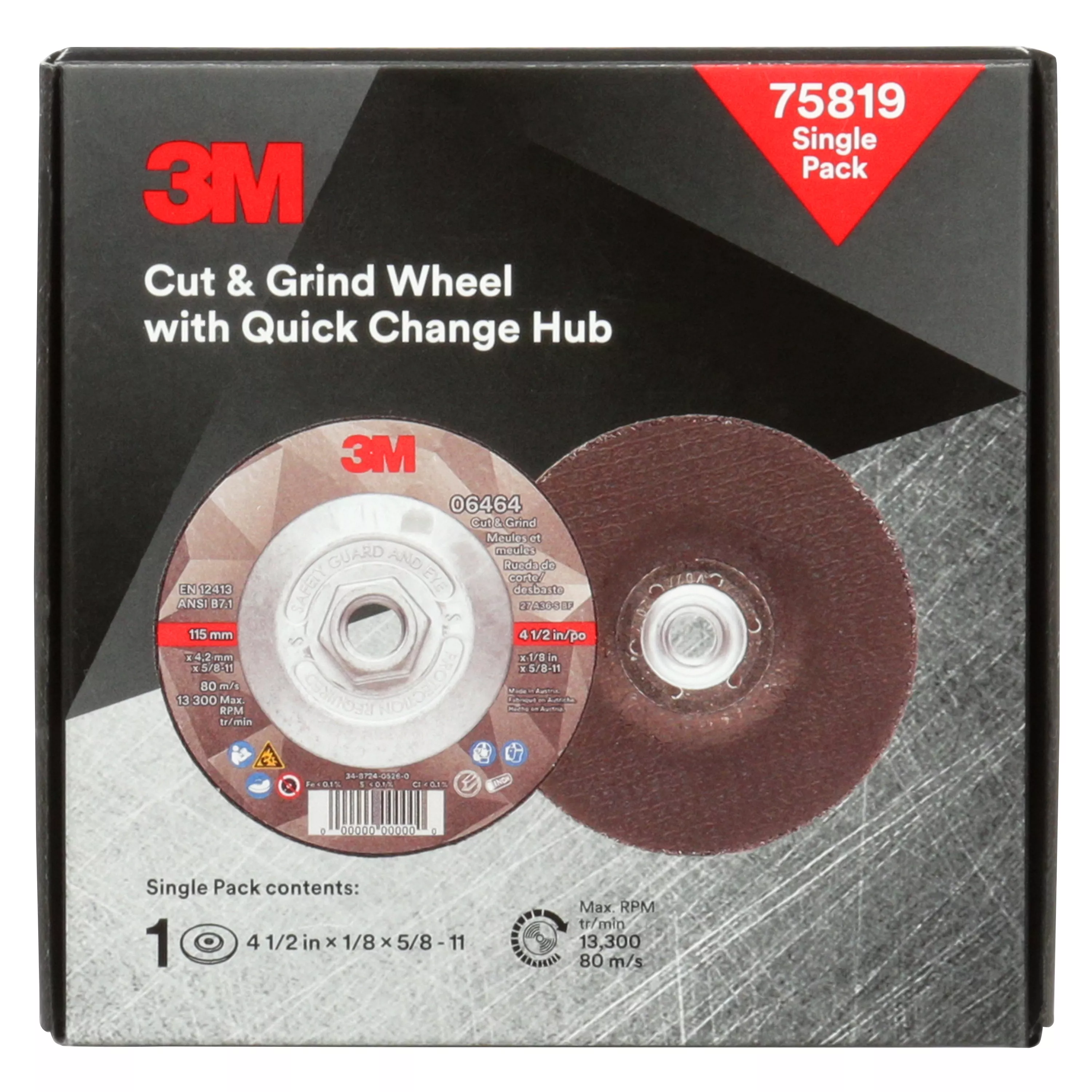 3M™ Cut & Grind Wheel, 75819, 36+, T27, 4-1/2 in x 1/8 in x 5/8 in-11,
10/ ea/Case, Single Pack