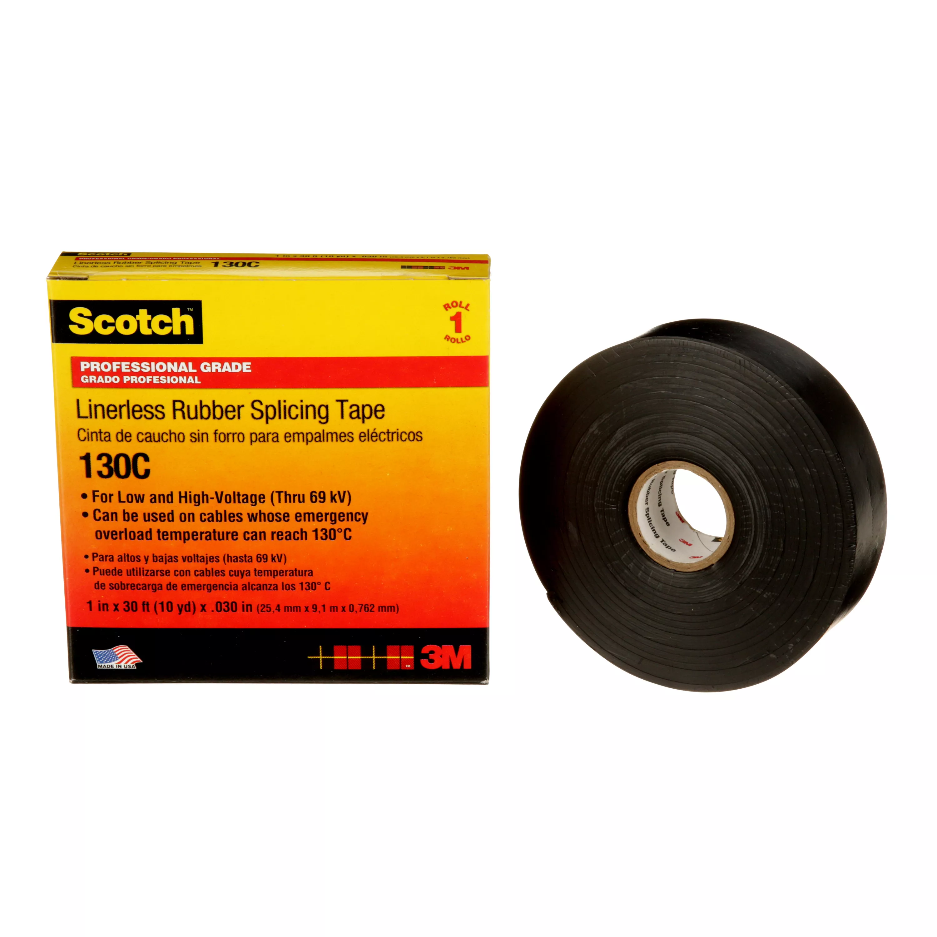 Scotch® Linerless Rubber Splicing Tape 130C, 1 in x 30 ft, Black, 1 roll/carton, 24 rolls/Case