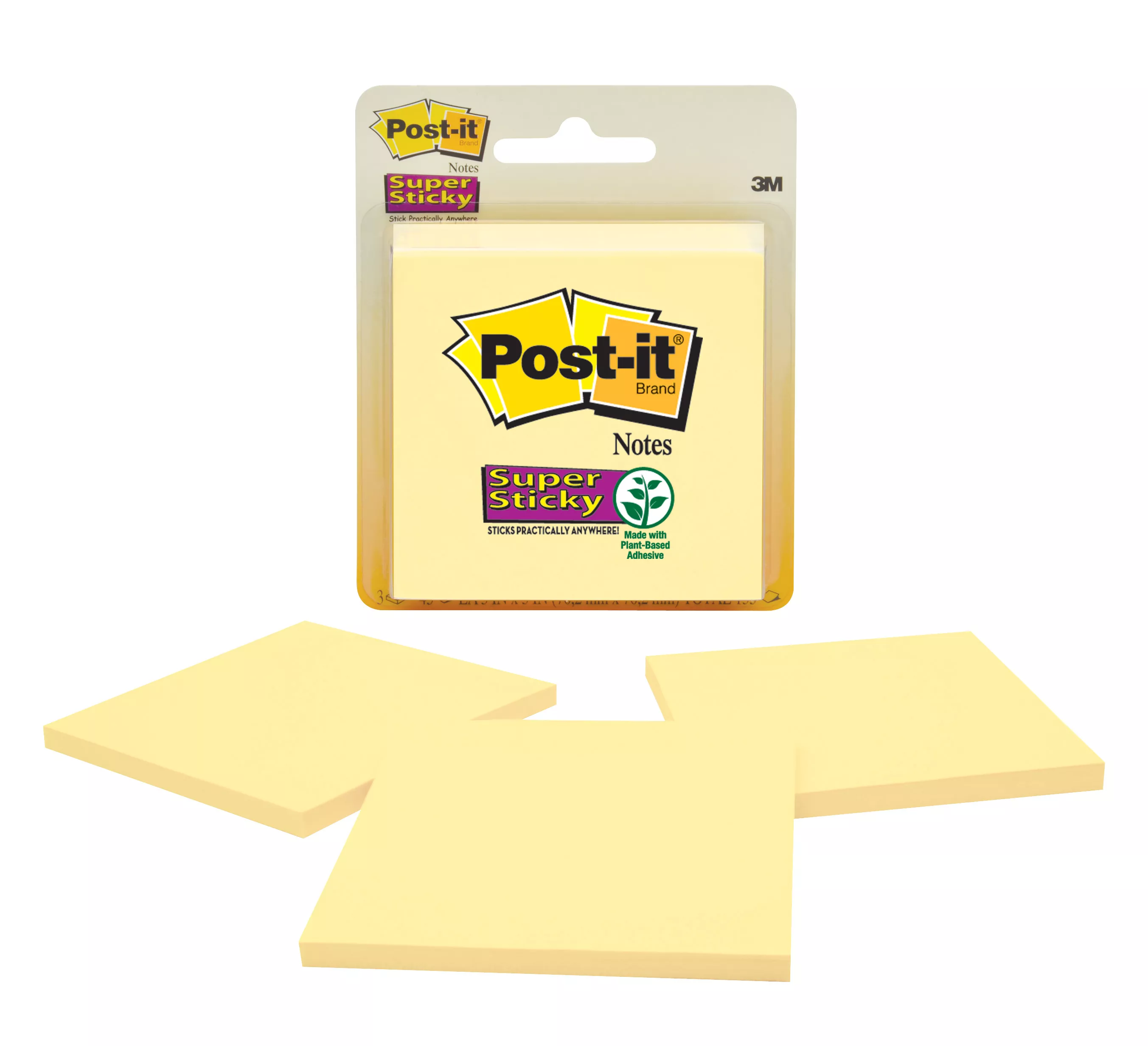 Post-it® Super Sticky Notes, Canary Yellow, 3 in x 3 in, 3 Pads/Pack, 45 Sheets/Pad