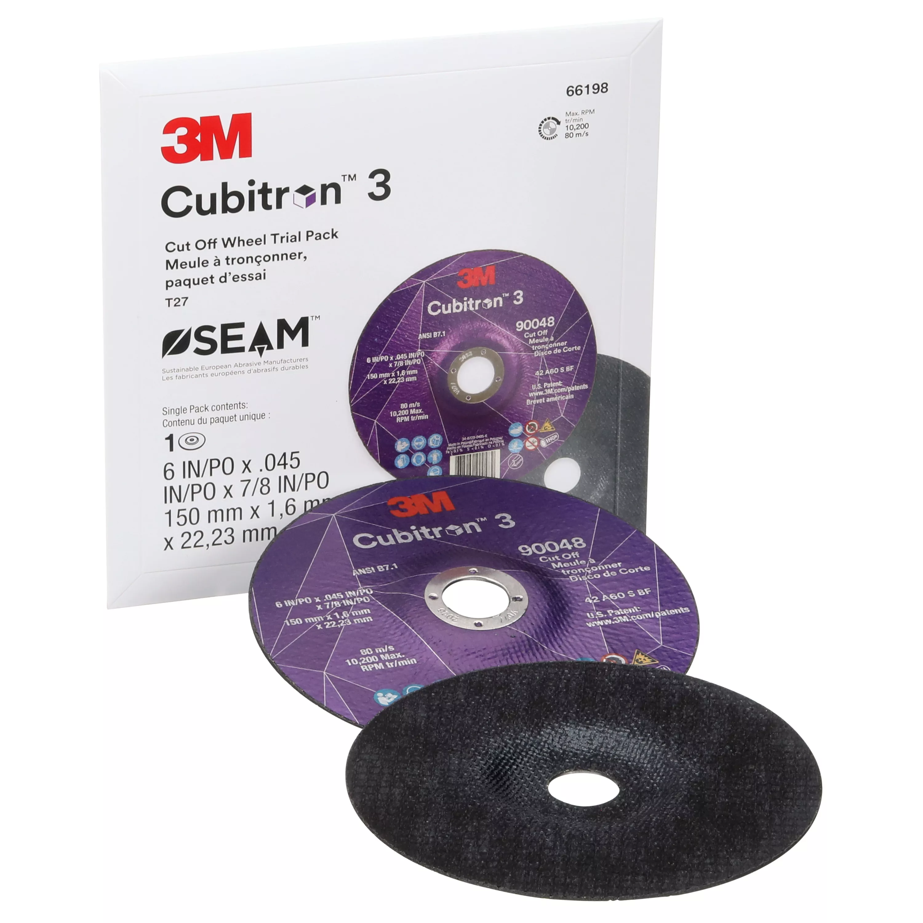 3M™ Cubitron™ 3 Cut-Off Wheel, 66198, 60+, Type 27, 6 in x 0.045 in x 7/8 in (150mmx1.6mmx22.23mm), ANSI, 10 ea/Case, Trial Pack