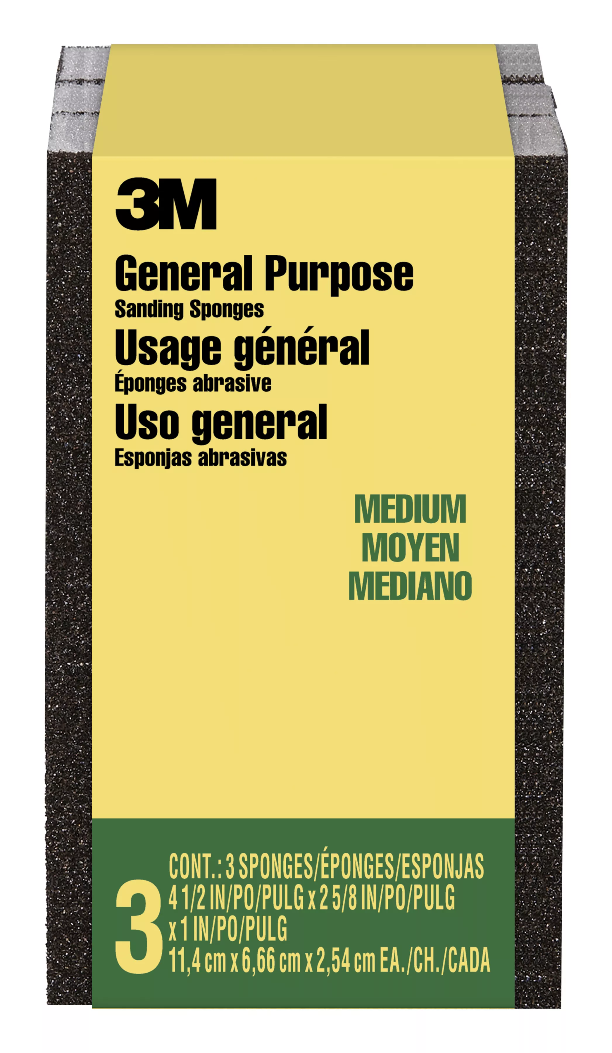 3M™ General Purpose Sanding Sponge CP002-3PK-LG, Block, 2 5/8 in x 4 1/2 in x 1 in, Medium, 3/pk, 6 pks/cs