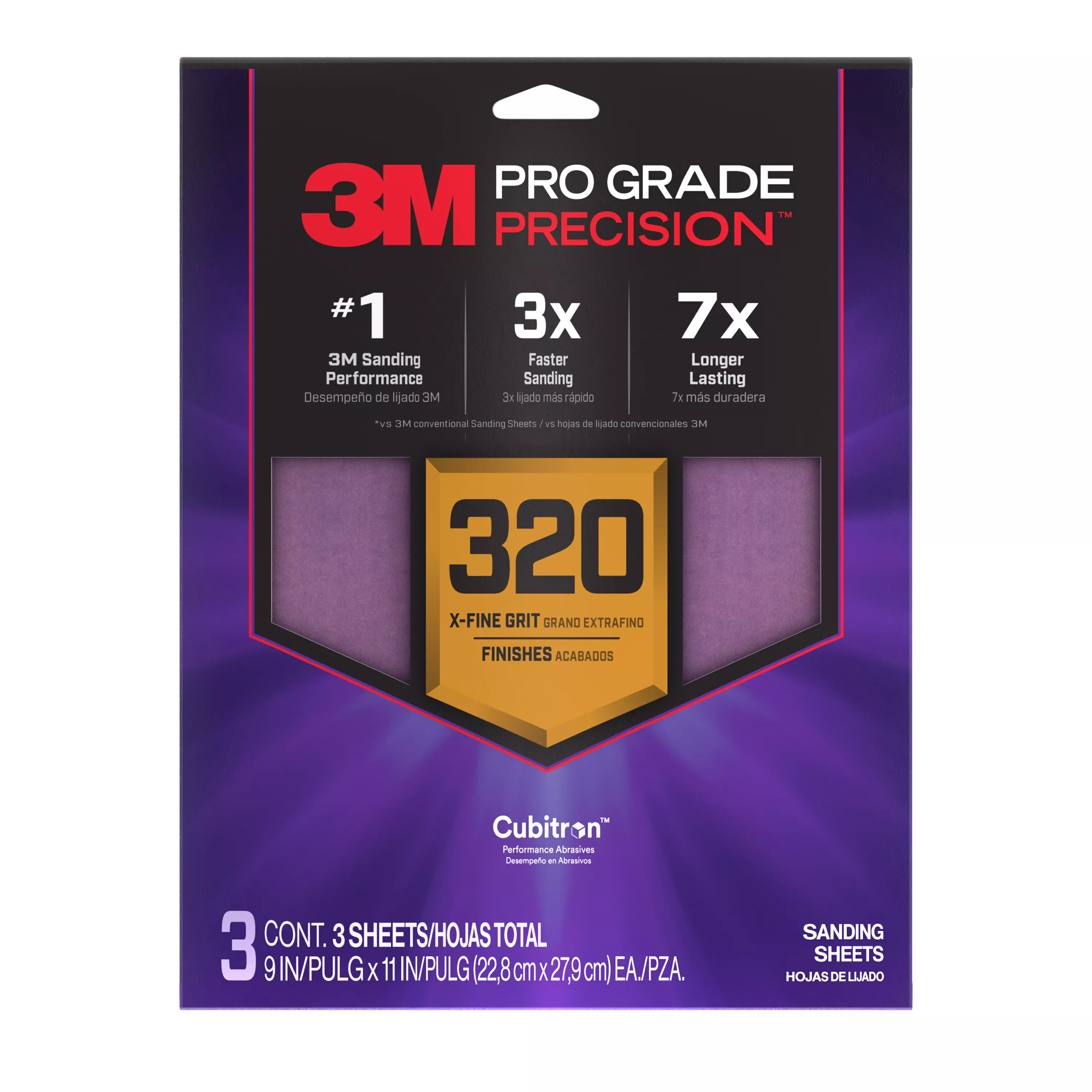 3M™ Pro Grade Precision™ Faster Sanding Sheets w/ NO-SLIP GRIP™ Backing SHR320-PGP-3T, 9 in x 11 in, 320 Gr, 3 Sht/Pk