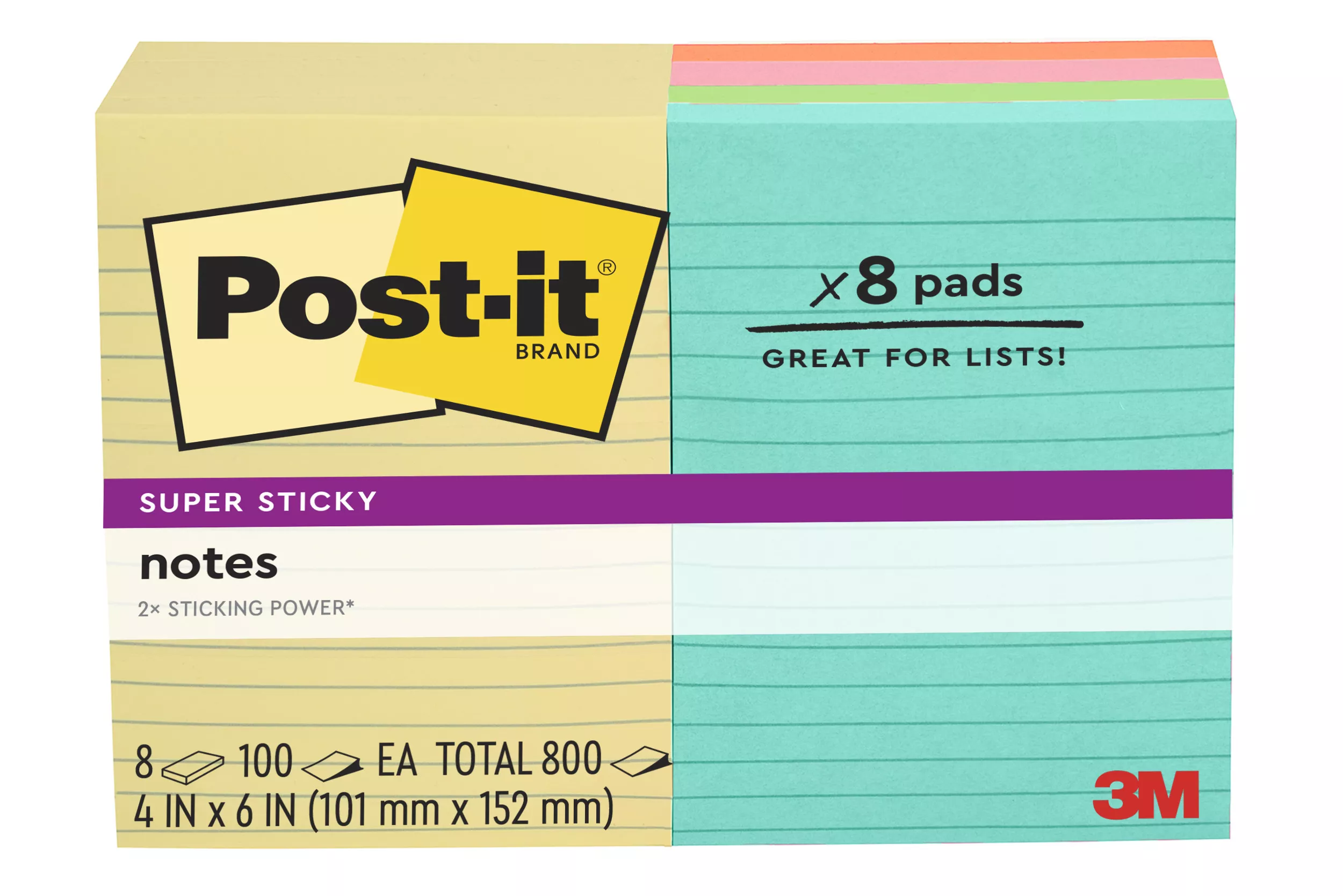 Post-it® Super Sticky Notes 660-8SSCLUB, 4 in x 6 in (101 mm x 152 mm) Canary and Rio de Janeiro Collections