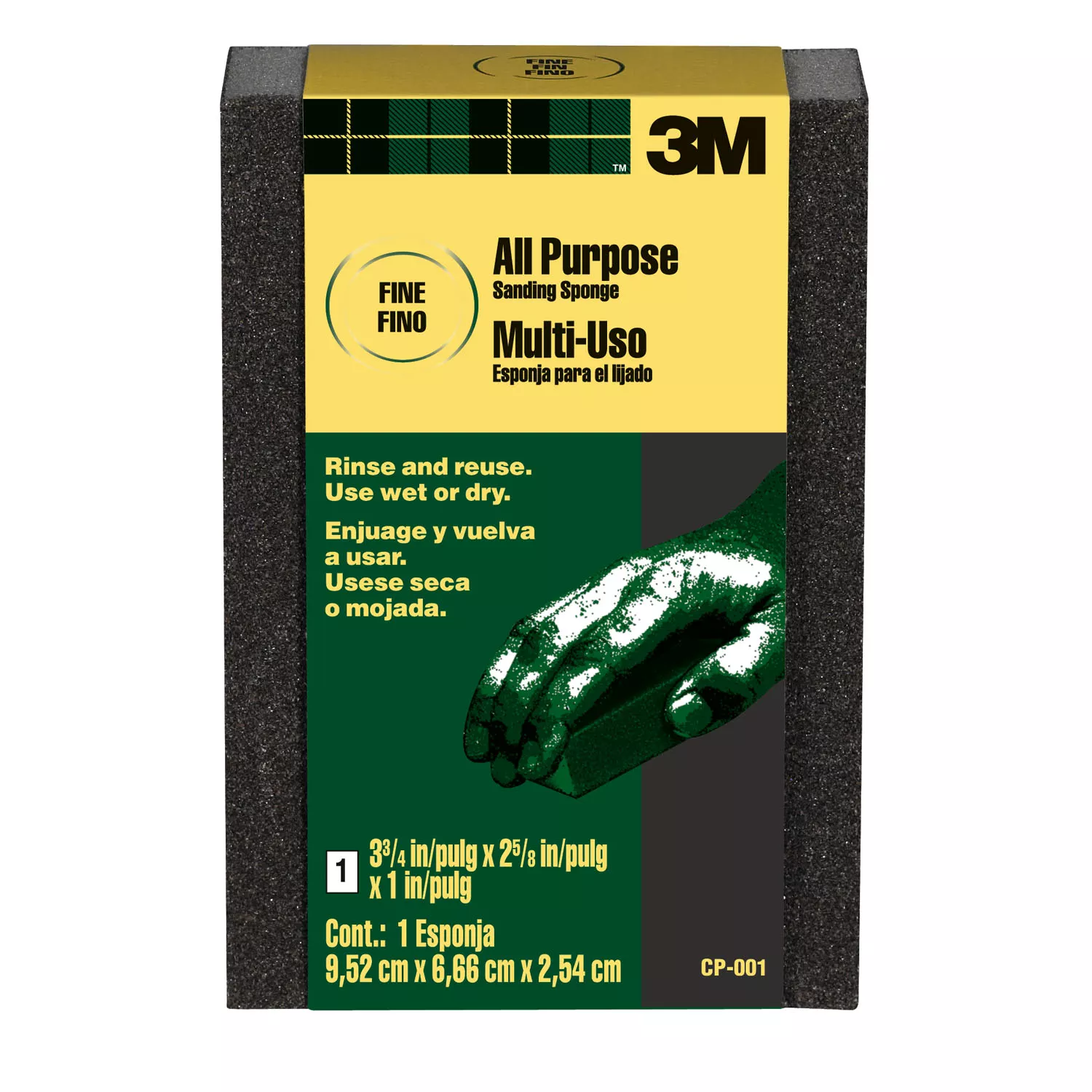 3M™ General Purpose Sanding Sponge CP-001A, Block, 3 3/4 in x 2 5/8 in x 1 in, Fine, Bulk, 250/cs