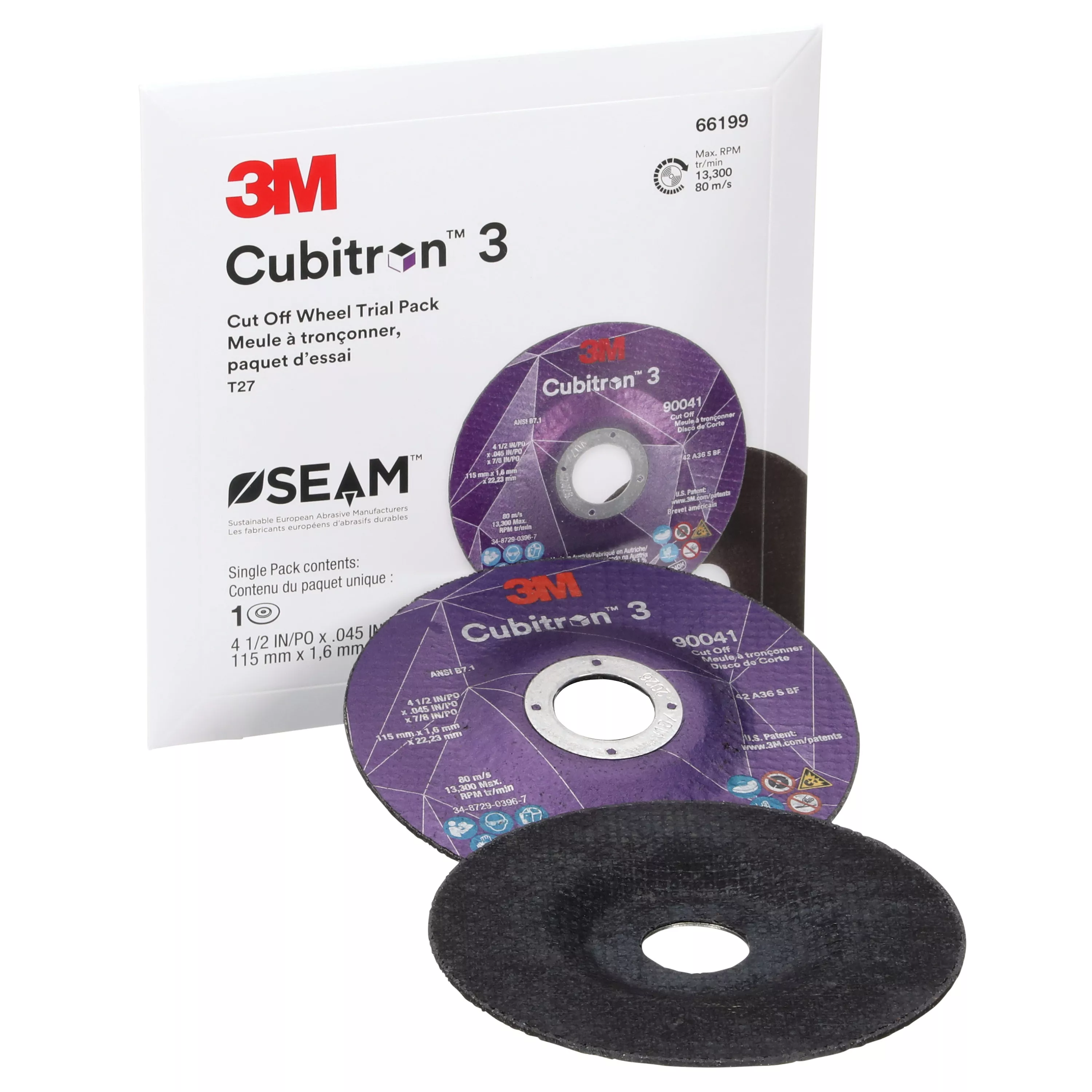 3M™ Cubitron™ 3 Cut-Off Wheel, 66199, 36+, T27, 4-1/2 in x 0.045 in x 7/8 in (115mmx1.6mmx22.23mm), ANSI, 10 ea/Case, Trial Pack