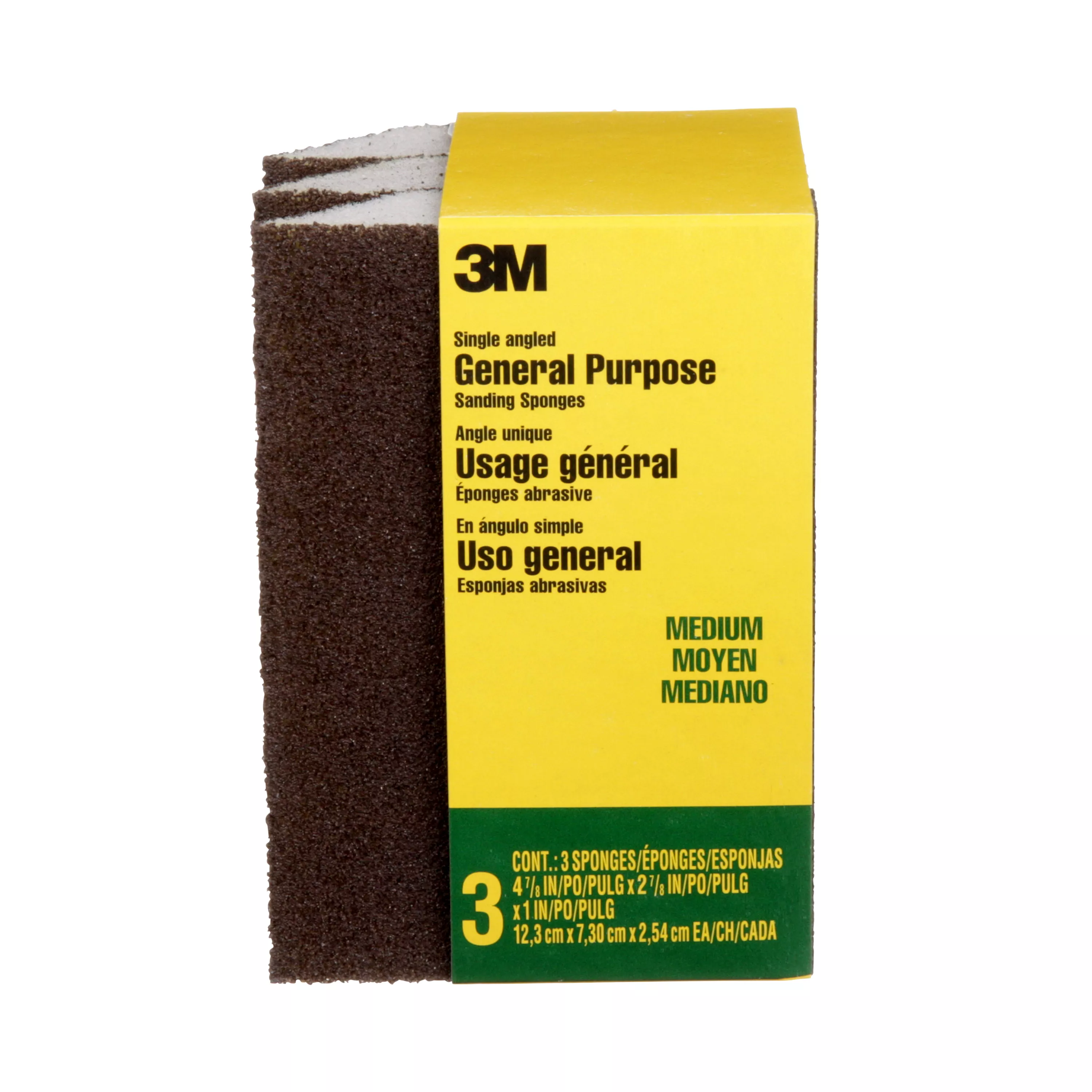 3M™ General Purpose Sanding Sponge CP041-3PK, Single Angle, 2 7/8 in x 4 7/8 in x 1 in, Medium, 3/pk, 6 pks/cs