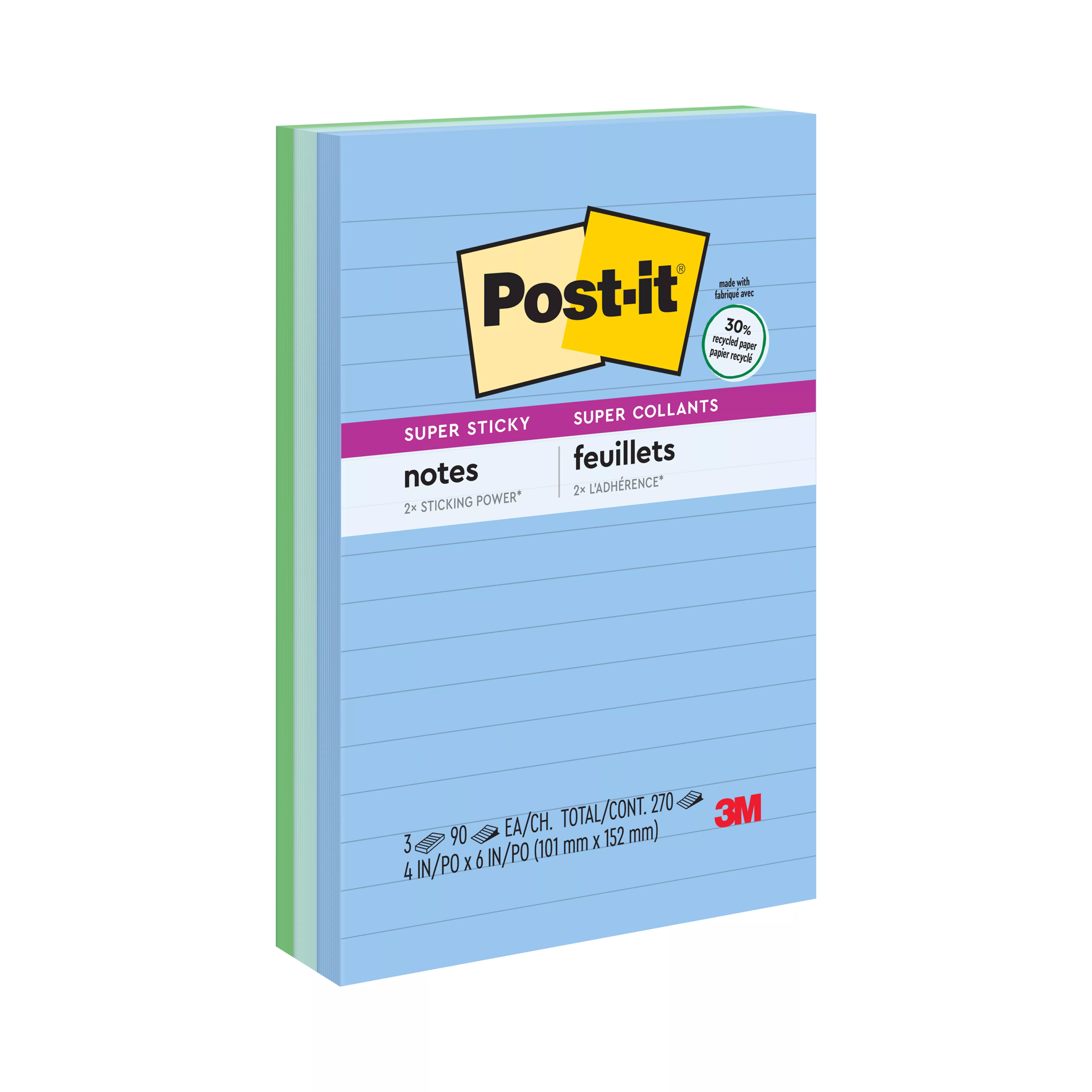 Post-it® Super Sticky Recycled Notes 660-3SST, 4 in x 6 in (101 mm x 152 mm) Bora Bora Collection, Lined, 3 Pads/Pack