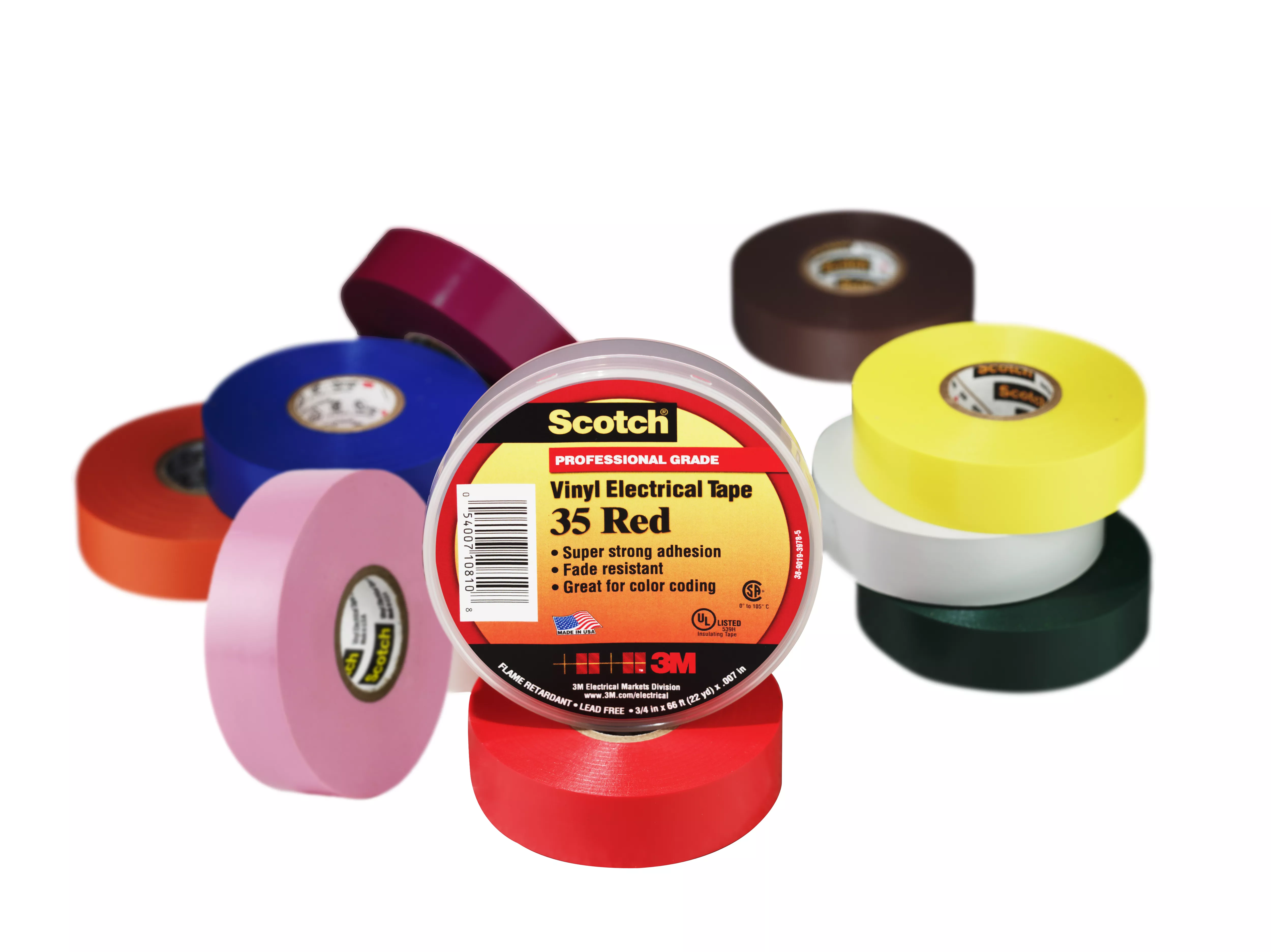 Scotch® Vinyl Color Coding Electrical Tape 35, 1/2 in x 20 ft, Multi-color, 8 rolls/pack, 50 packs/Case