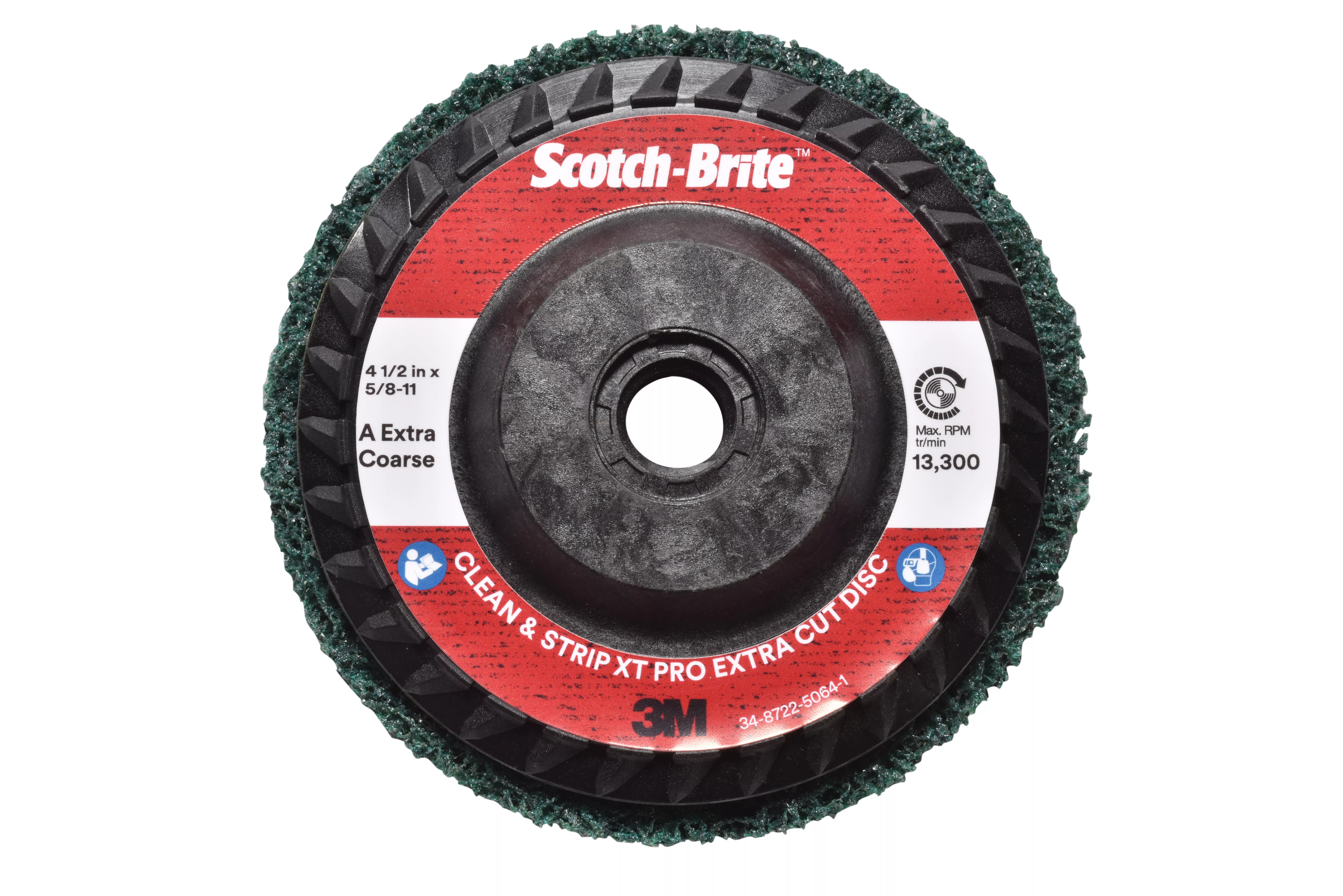 Scotch-Brite™ Clean and Strip XT Pro Extra Cut Disc, XC-DC, A/O Extra Coarse, Green, 4-1/2 in x 7/8 in, Type 27, 10 ea/Case