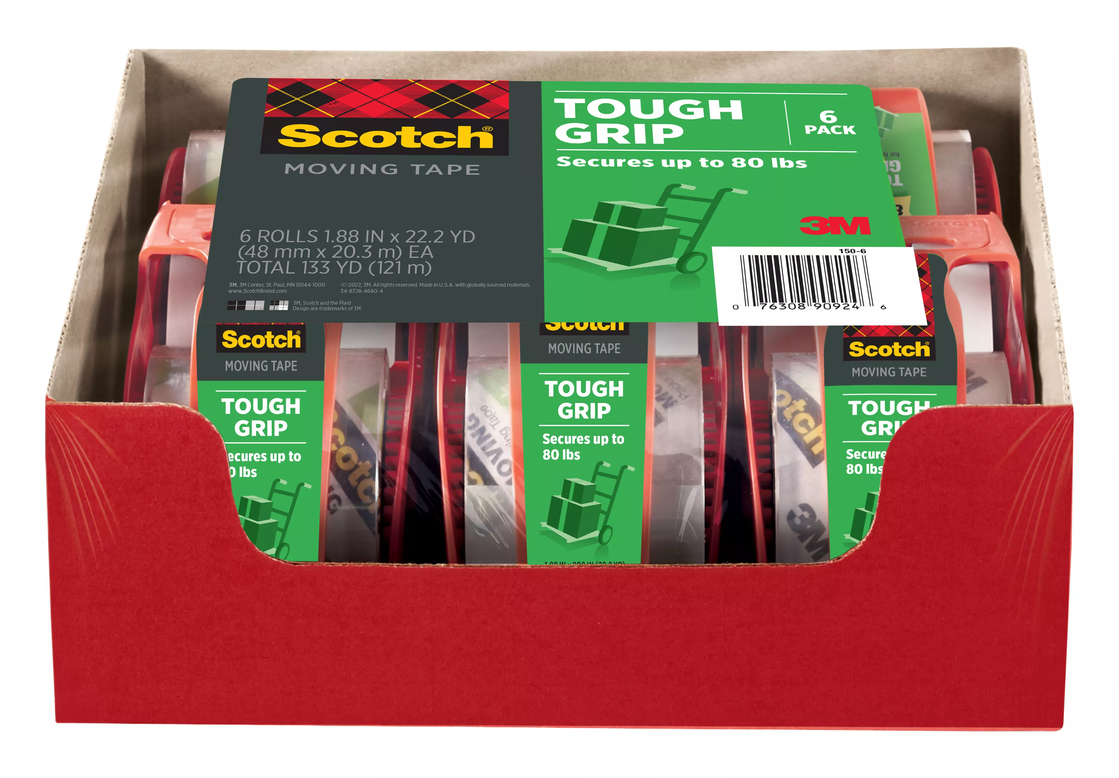 Scotch® Tough Grip Moving Packaging Tape 150-6, 1.88 in x 22.2 yd (48 mm x 20,3 m)