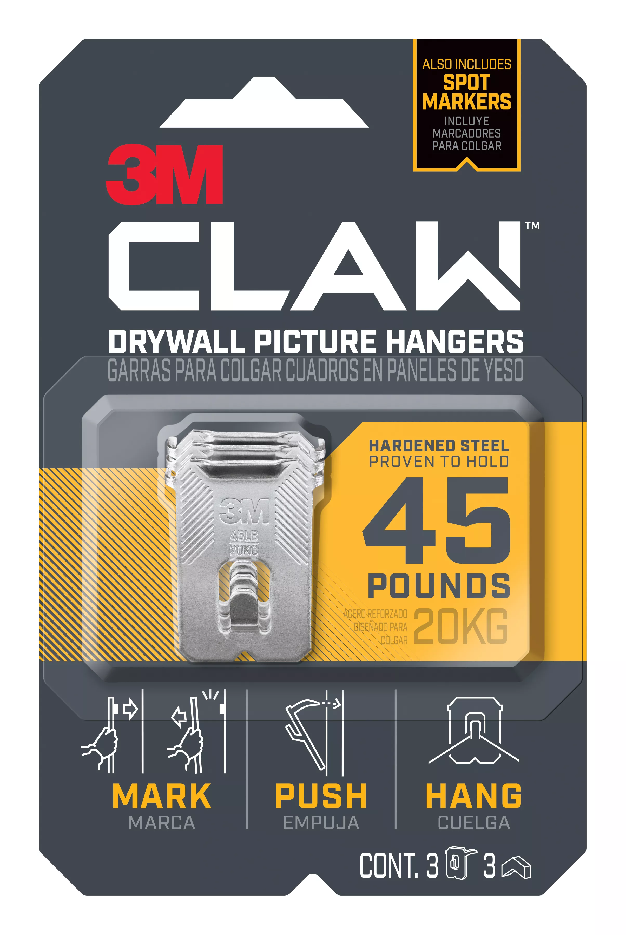 3M CLAW™ Drywall Picture Hanger 45 lb with Temporary Spot Marker 3PH45M-3ES, 3 hangers, 3 markers