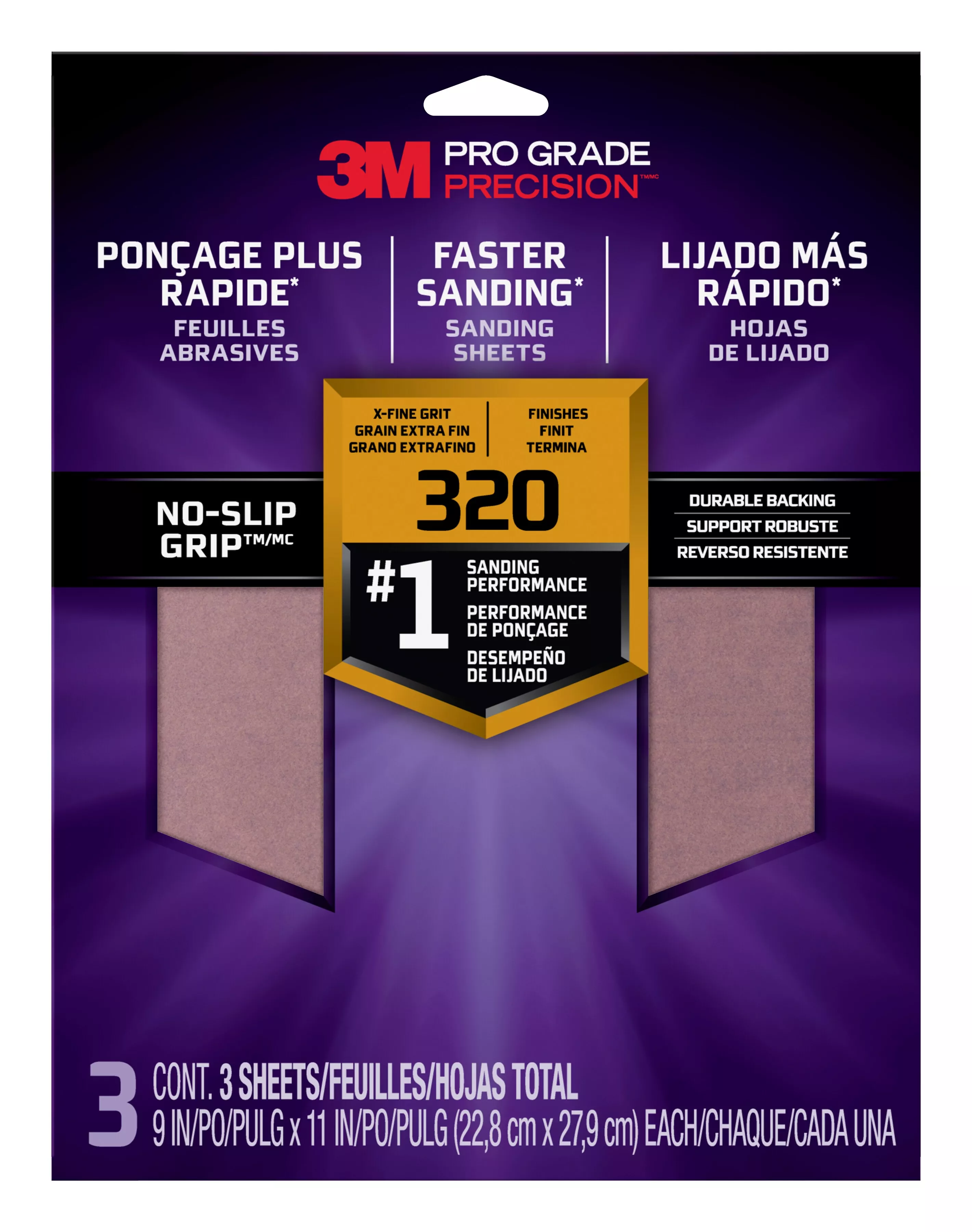 3M™ Pro Grade Precision™ Faster Sanding Sanding Sheets 320 grit X-Fine,
26320TRI-3, 9 in x 11 in, 3/pk