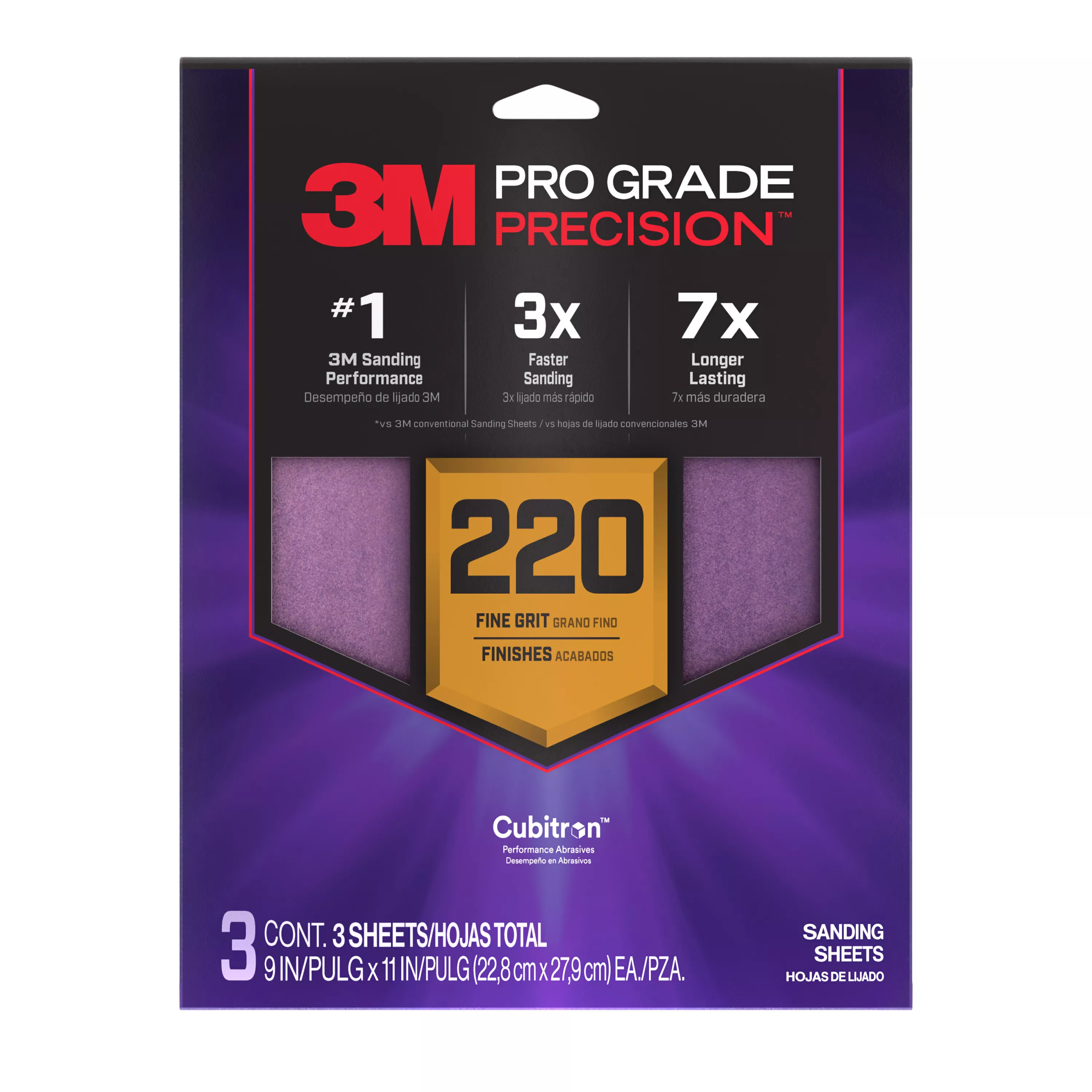 3M™ Pro Grade Precision™ Faster Sanding Sheets w/ NO-SLIP GRIP™ Backing SHR220-PGP-3T, 9 in x 11 in, 220 Gr, 3 St/Pk