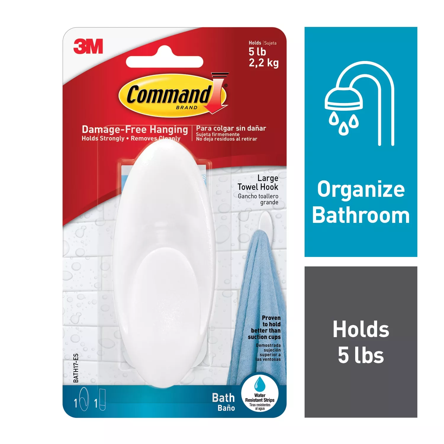 Command™ Large Towel Hook with Water-Resistant Strips BATH17-ES Clear
Frosted