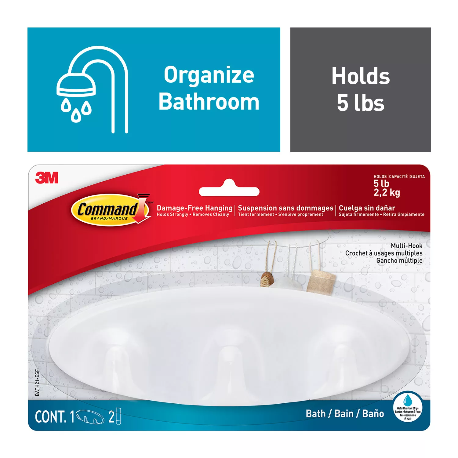 Command™ Multi-Hook with Water-Resistant Strips BATH21-ESF