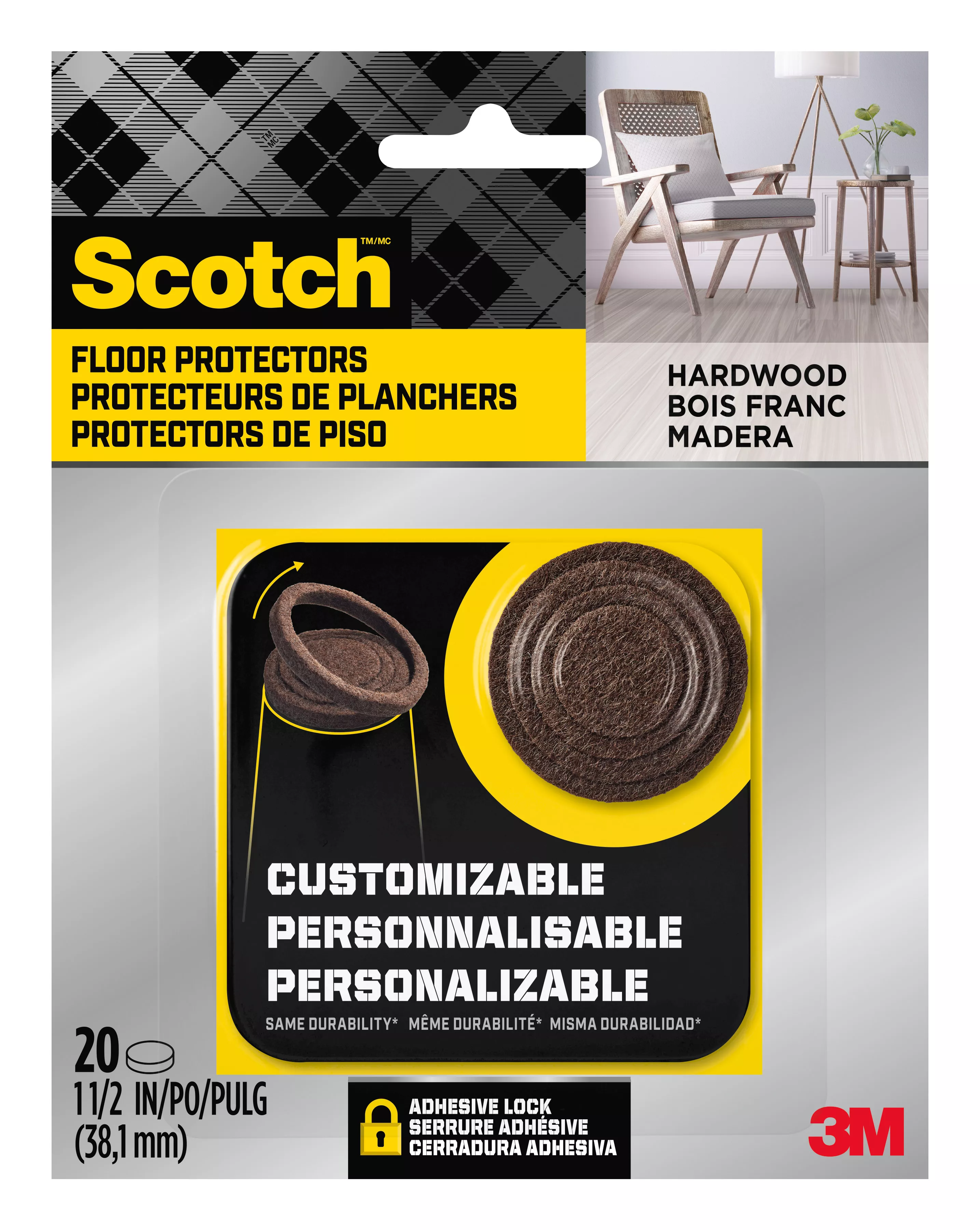 Scotch™ Custom Fit Felt Pads SP882-NA, Brown, 1.5 in, 20 ct