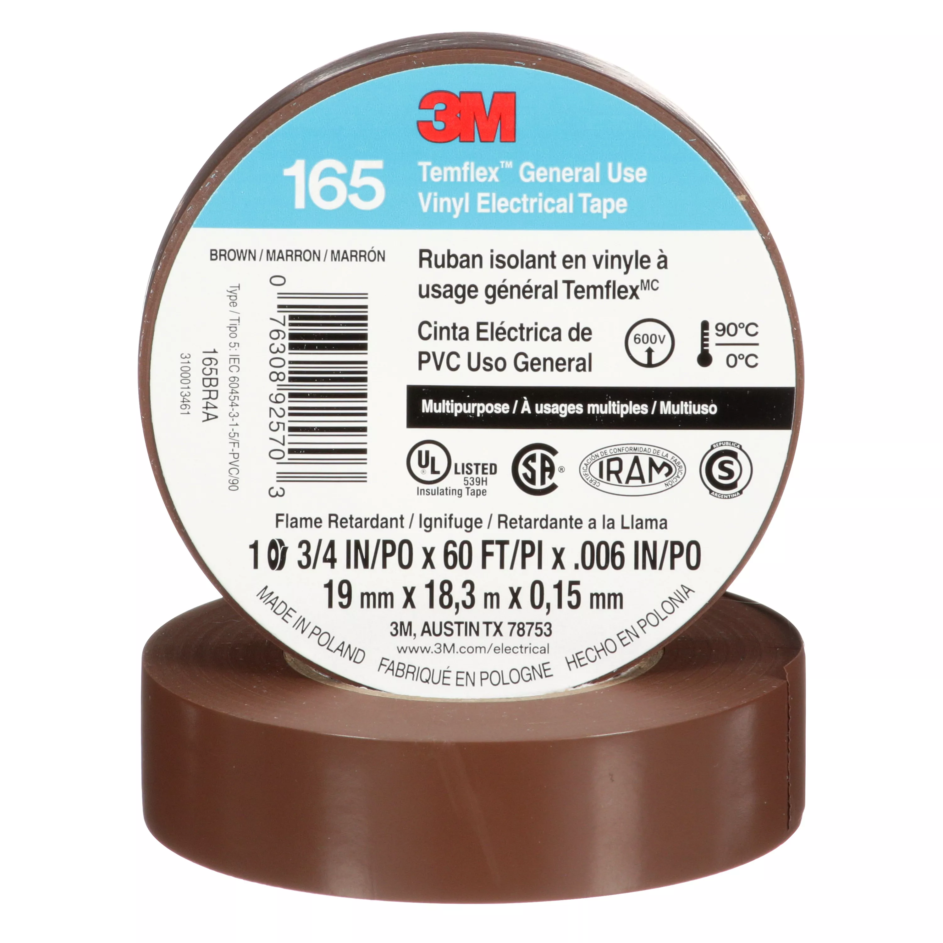 3M™ Temflex™ Vinyl Electrical Tape 165, Brown, 3/4 in x 60 ft (19 mm x 18 m), 6 mil, 100 Rolls/Case