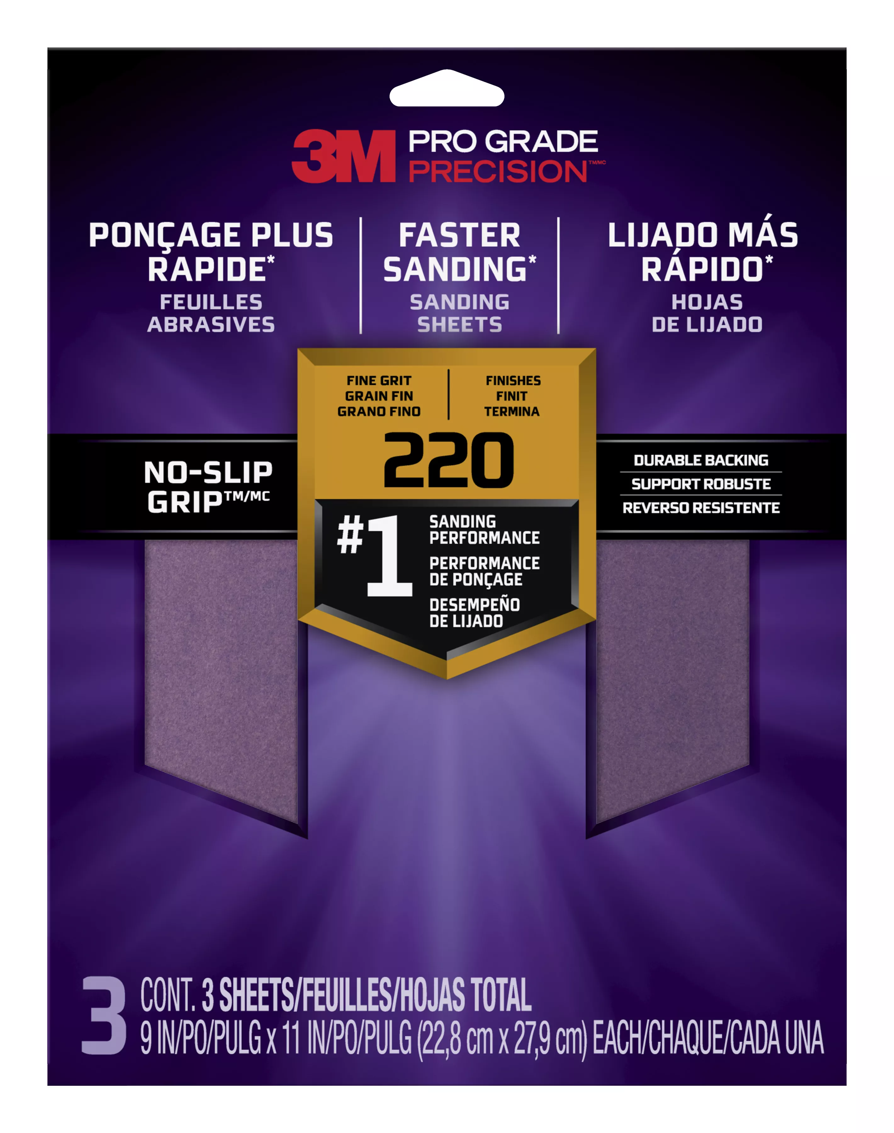 3M™ Pro Grade Precision™ Faster Sanding Sanding Sheets 220 grit Fine, 26220TRI-3, 9 in x 11 in, 3/pk