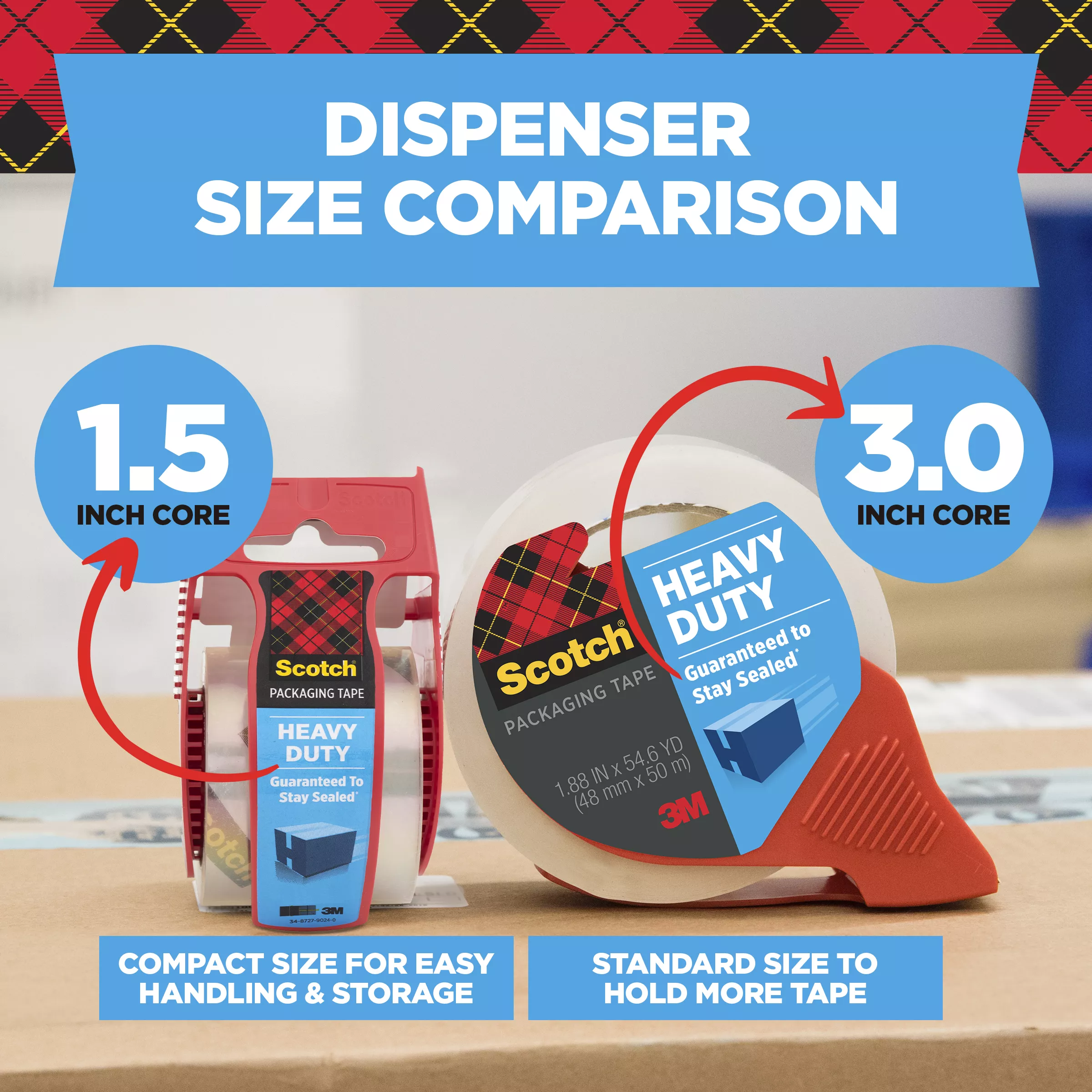 Scotch® Heavy Duty Shipping Packaging Tape 3850-ST-DC, 1.88 in x 54.6 yd (48 mm x 50 m) Refillable Dispenser