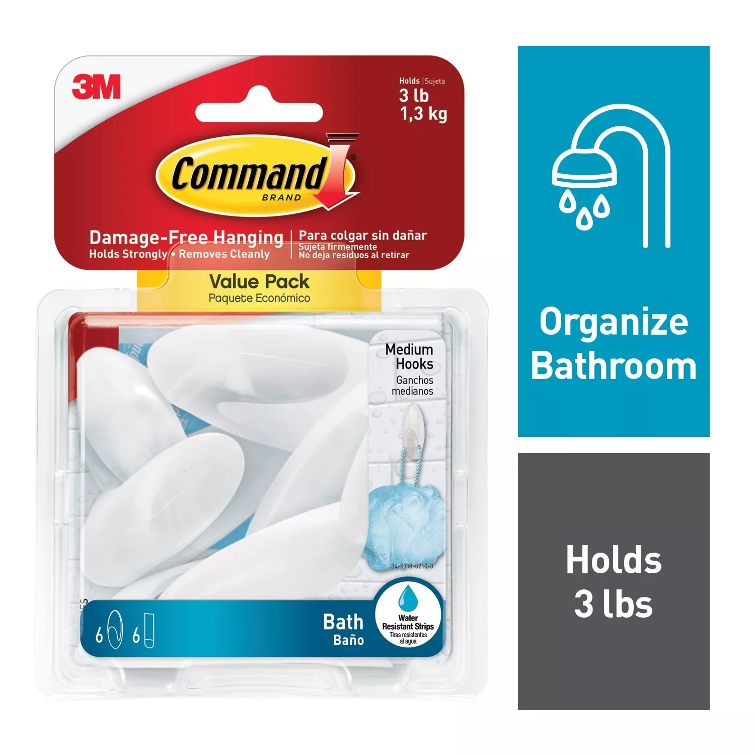 Command™ Medium Bath Hooks, Value Pack BATH18-6ES