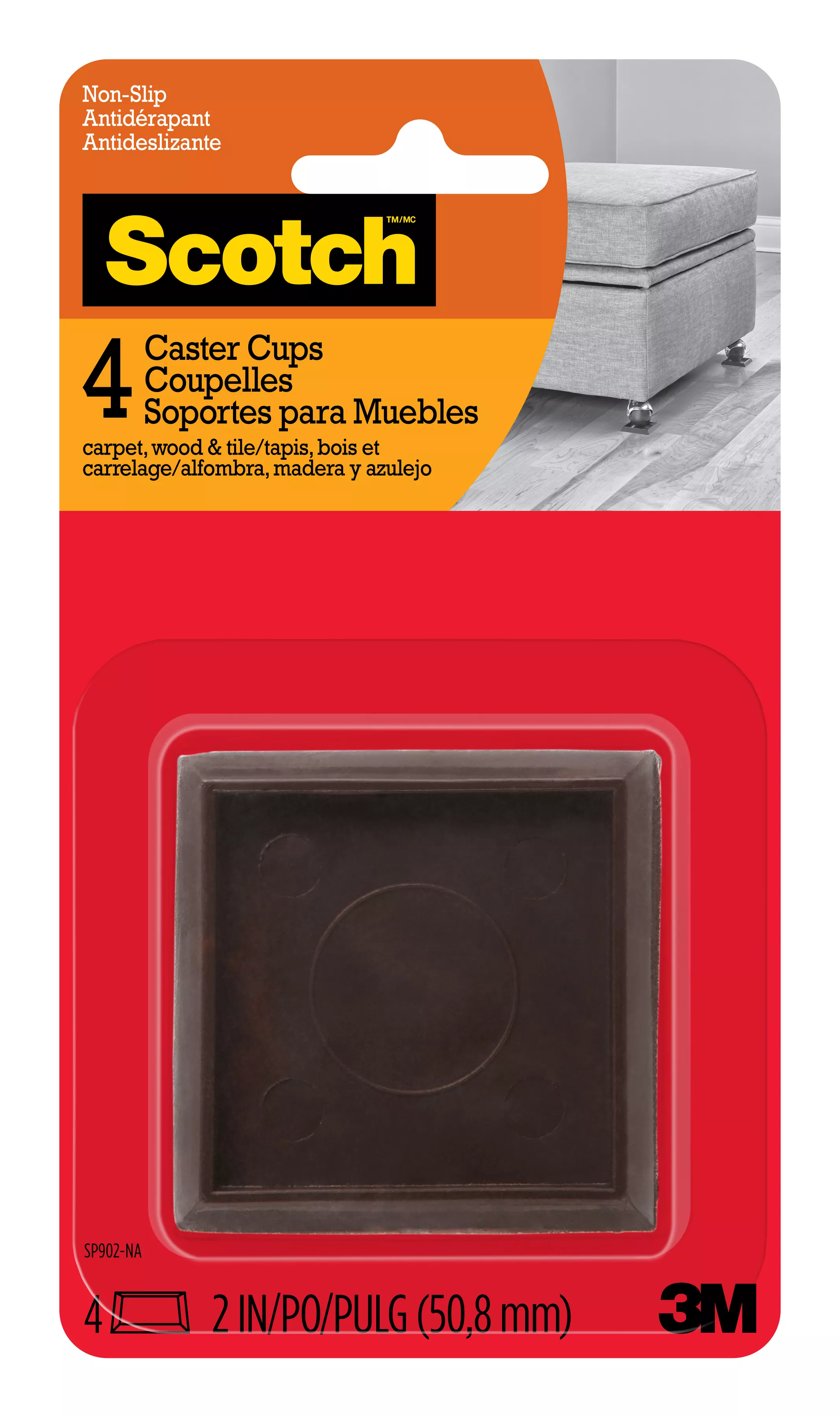 Scotch™ Caster Cups SP902-NA, Square Hard Brown 2-in 4/pk