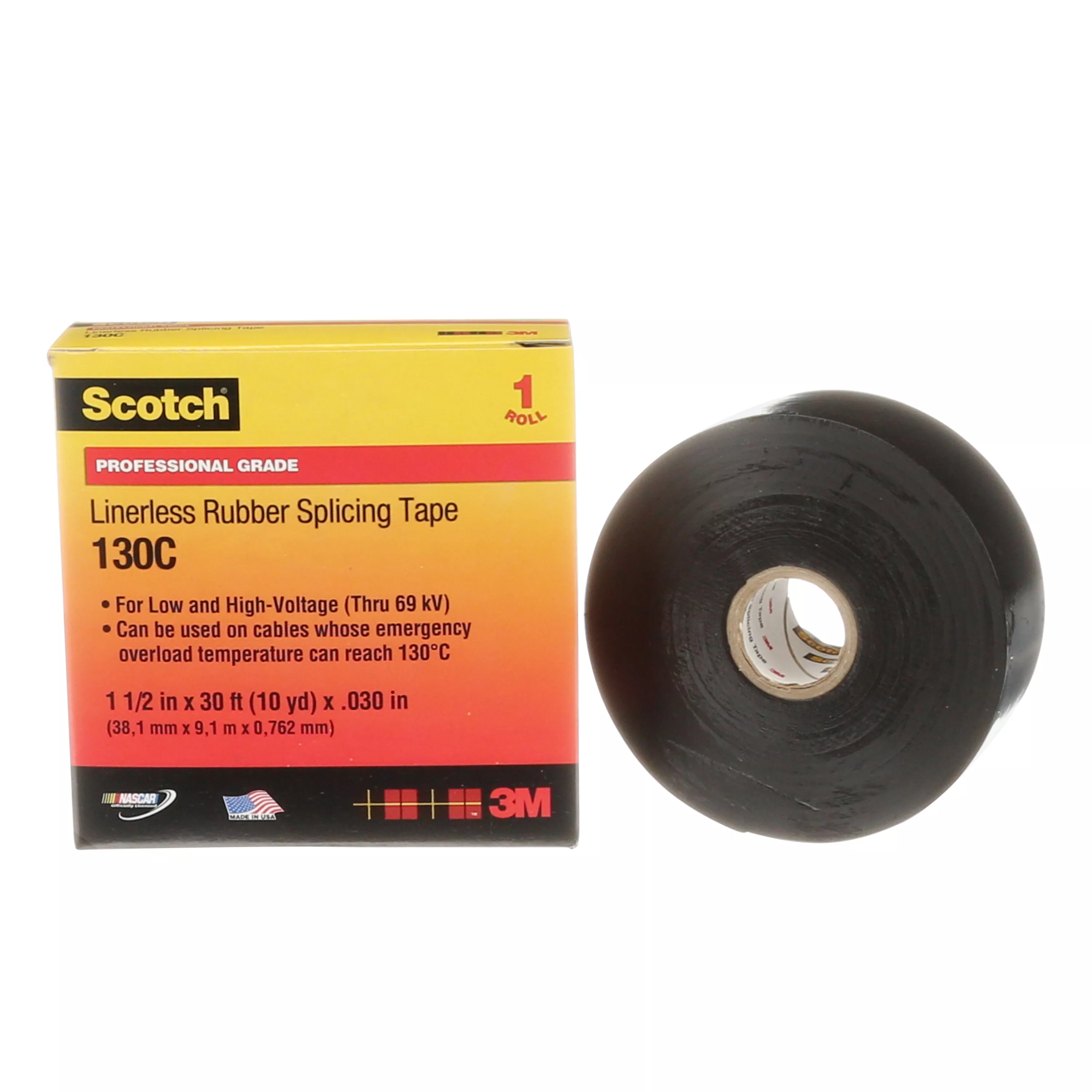 Scotch® Linerless Rubber Splicing Tape 130C, 1-1/2 in x 30 ft, Black, 1 roll/carton, 12 rolls/Case