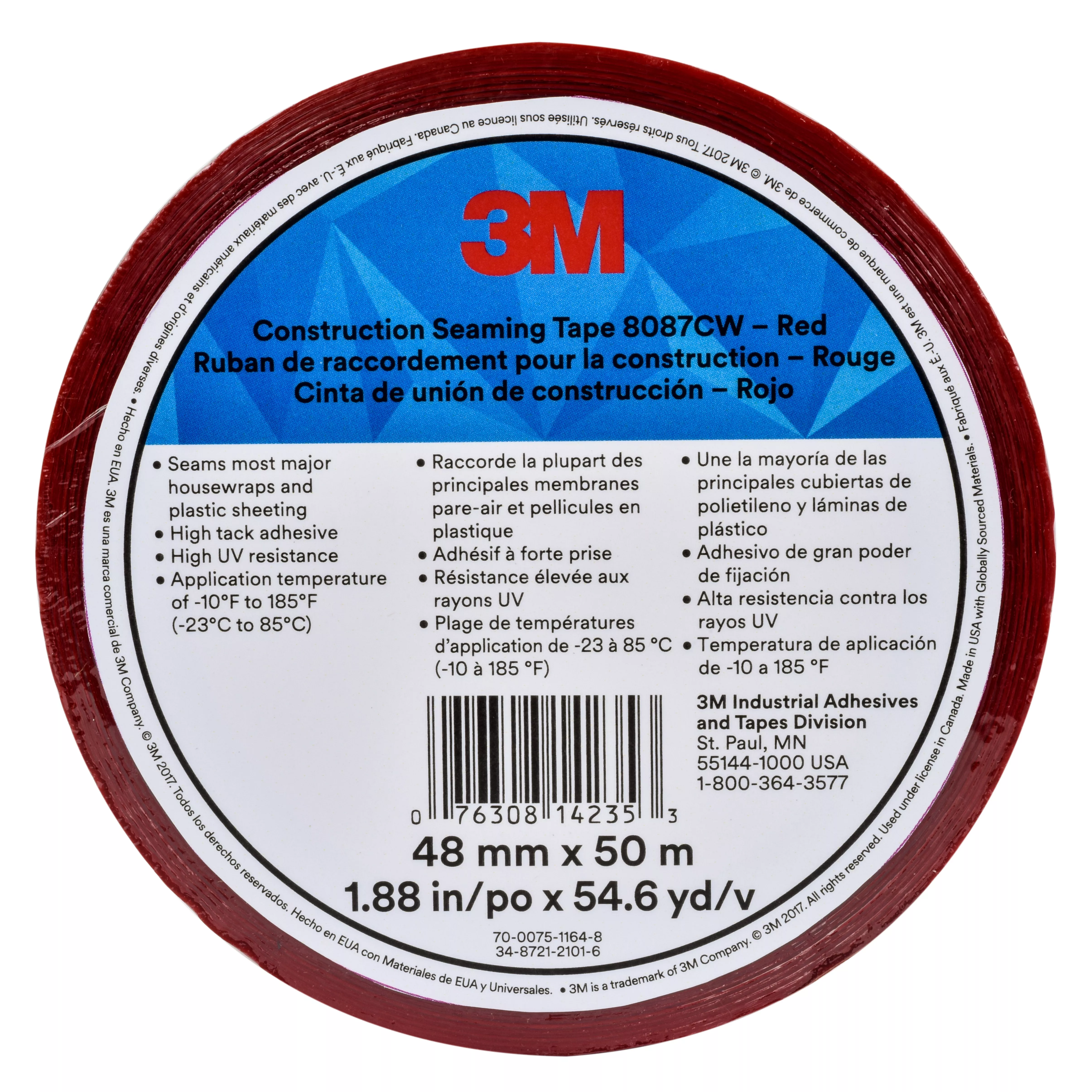 3M™ Construction Seaming Tape 8087CW, Red, 48 mm x 50 m, 24 Roll/Case