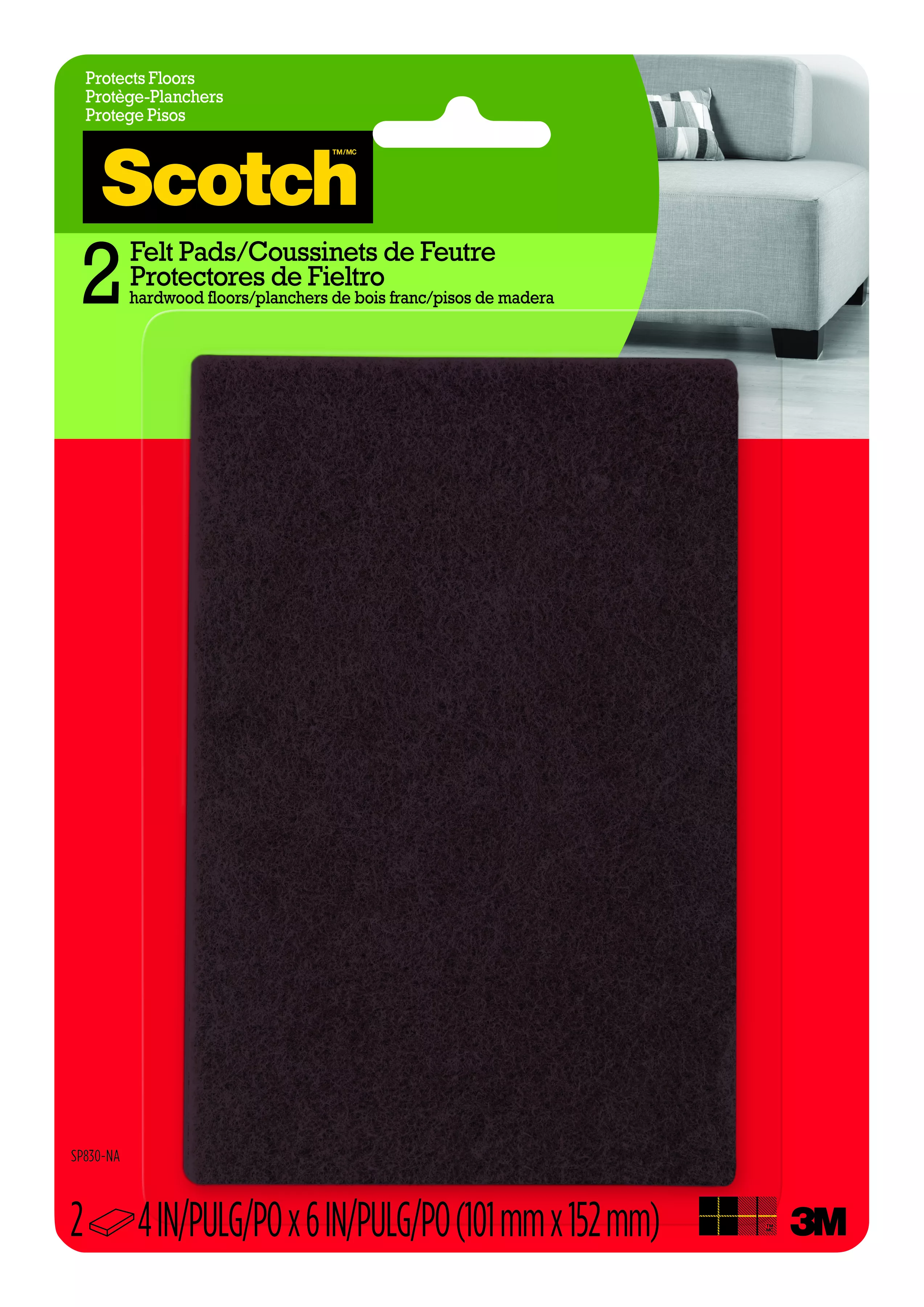 Scotch™ Easy Cut Felt Pads, SP830-NA, 4 in x 6 in, Brown, 2/pk