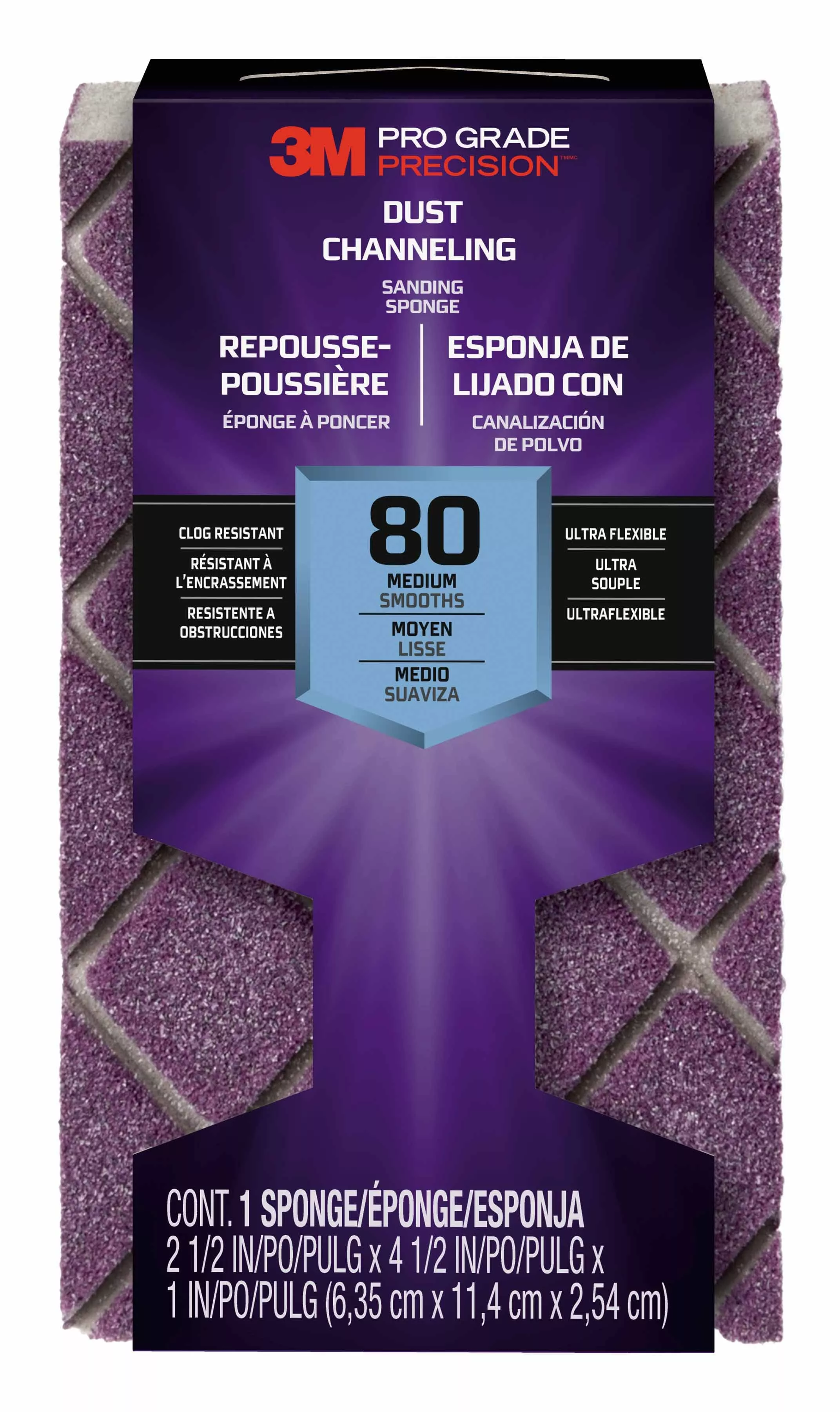 3M™ Pro Grade Precision™ Dust Channeling Block Sanding Sponge 80 grit
Medium, 2501TRI-80M-CH, 4.5 x 2.5 x 1in, 12/cs