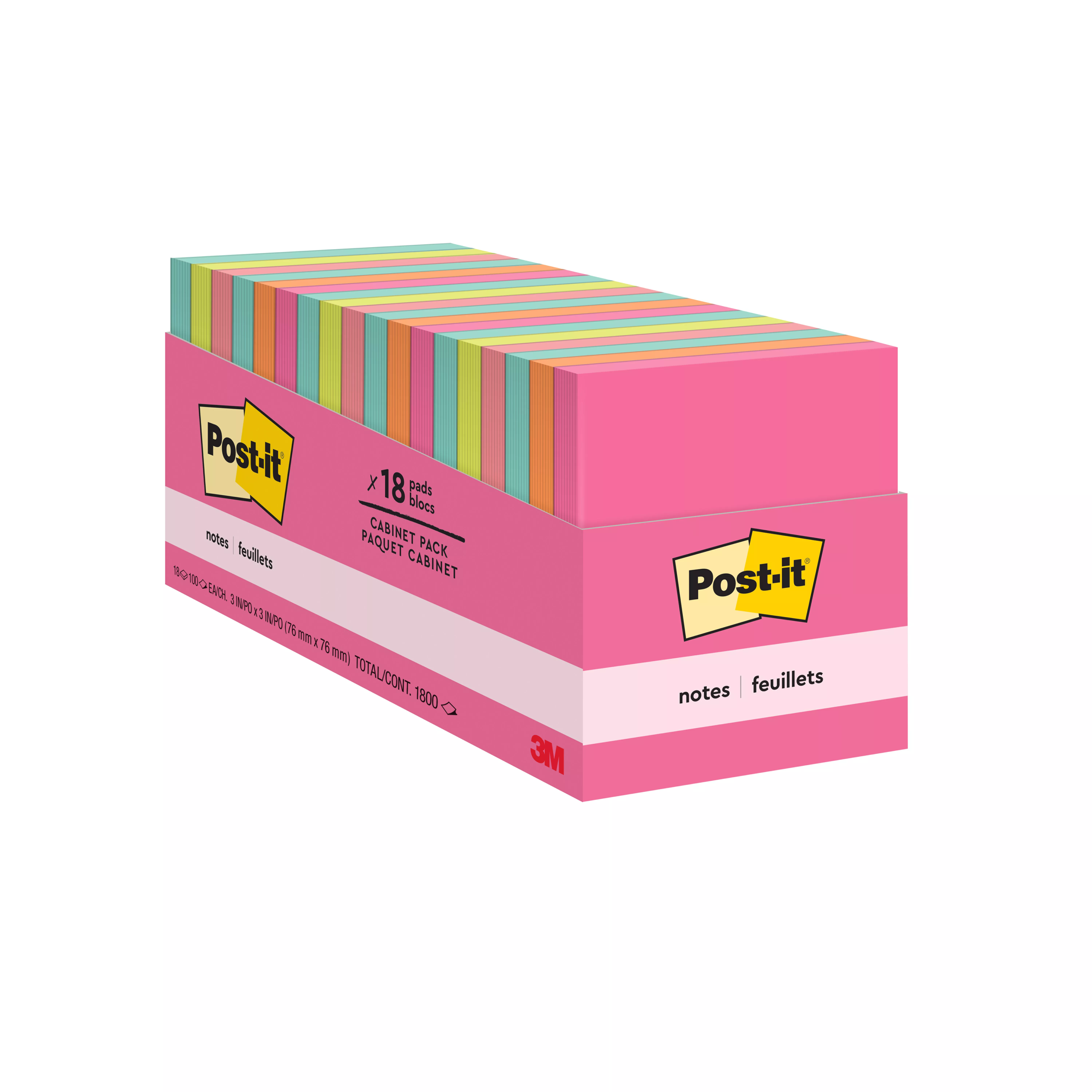 Post-it® Notes 654-18CTCP, 3 in x 3 in (76 mm x 76 mm),Cabinet pack, Cape Town Collection, 18 Pads/Pack, 100 Sheets/Pad